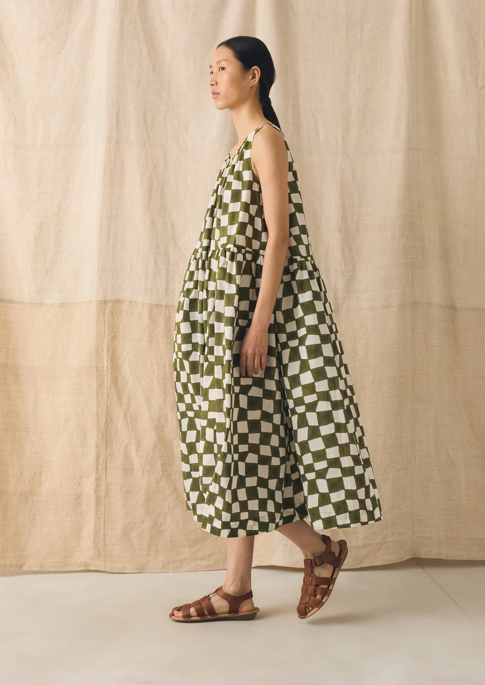 Block Print Warp Check Sleeveless Dress | Olive - Image 4