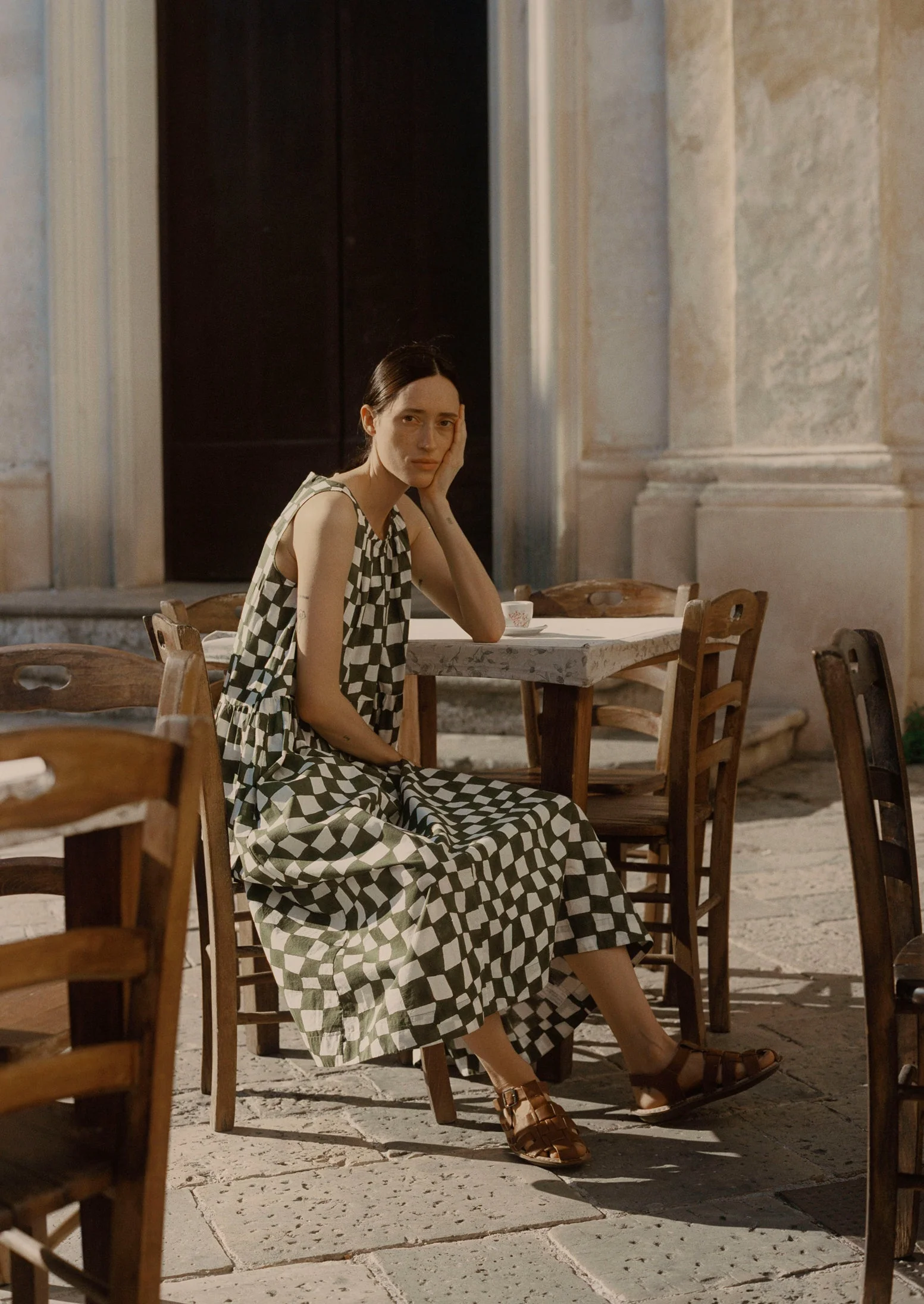 Block Print Warp Check Sleeveless Dress | Olive - Image 9