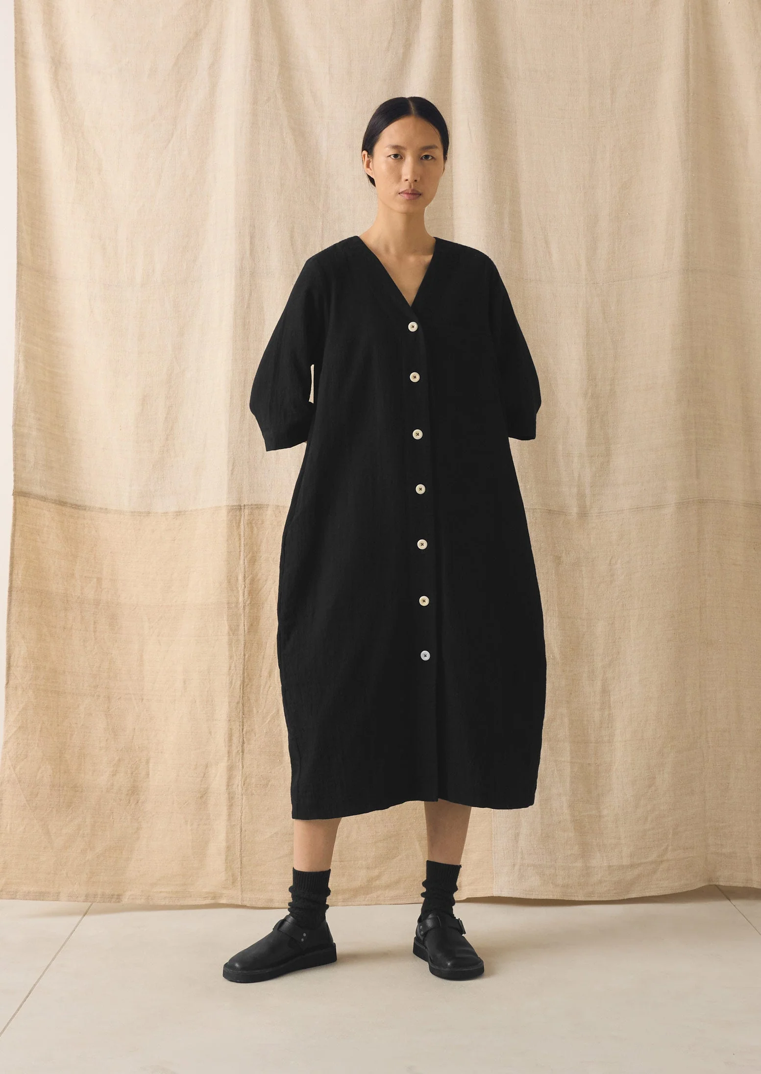 Button Front Crinkle Cotton Dress | Black - Image 2