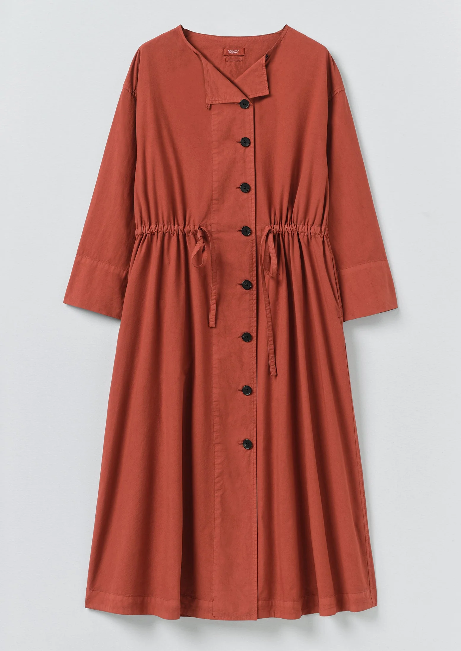 Button Through Cotton Linen Poplin Dress | Brick