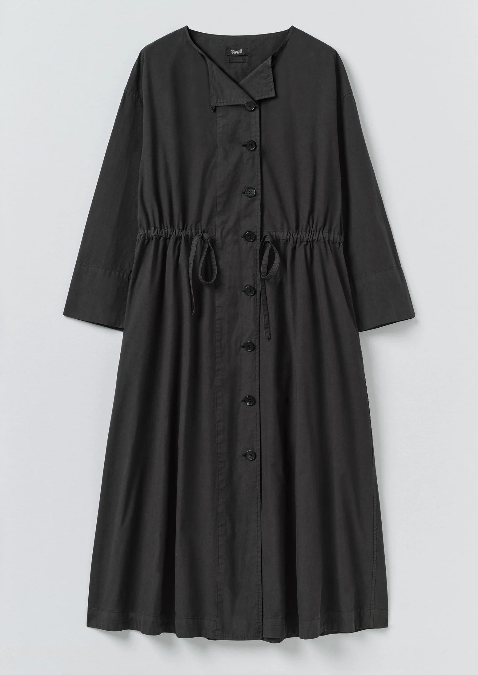 Button Through Cotton Linen Poplin Dress | Washed Black