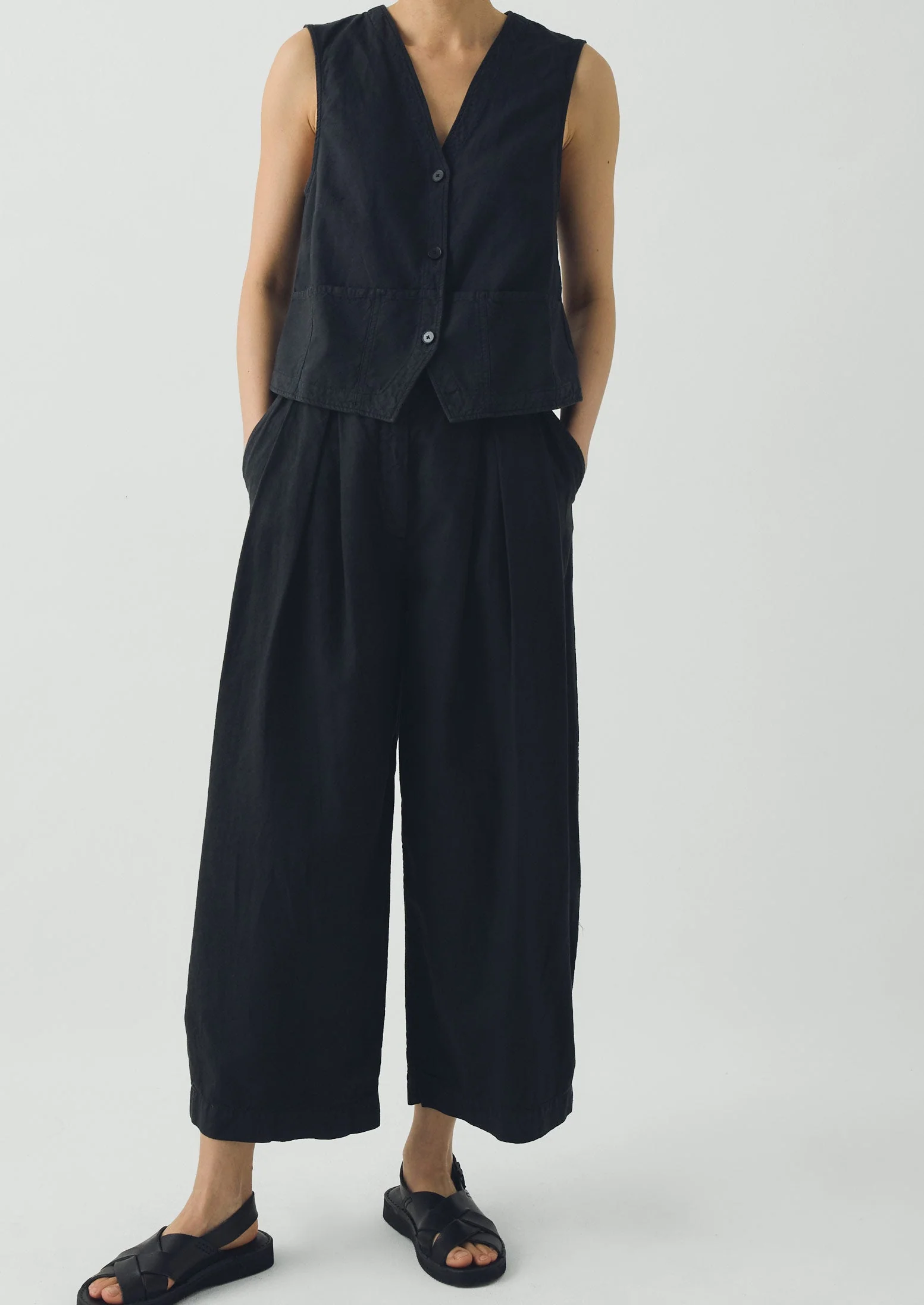 Carys Cotton Linen Canvas Wide Leg Pants | Soft Black - Image 3