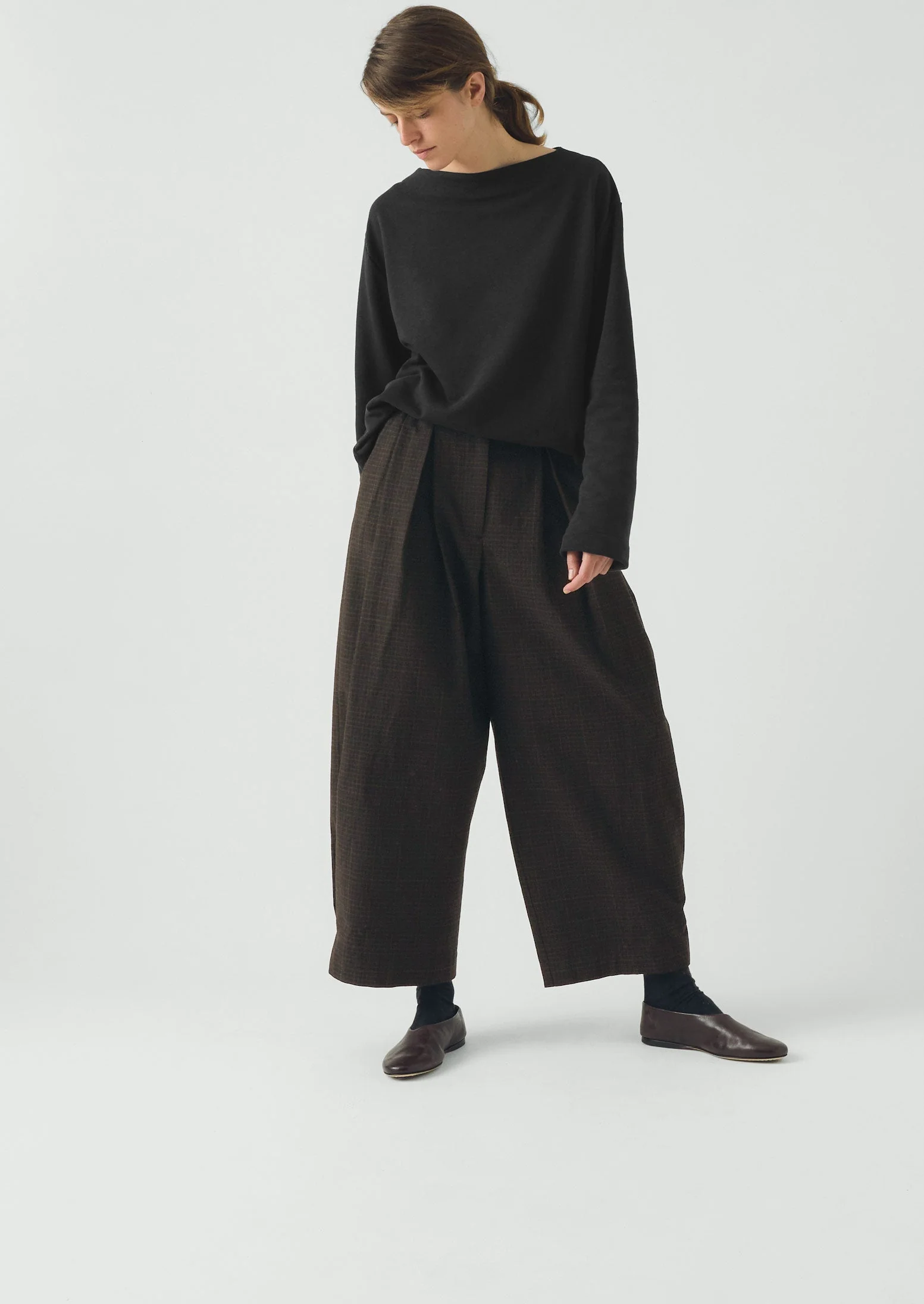 Carys Check Cotton Wool Wide Leg Pants | Slate - Image 3