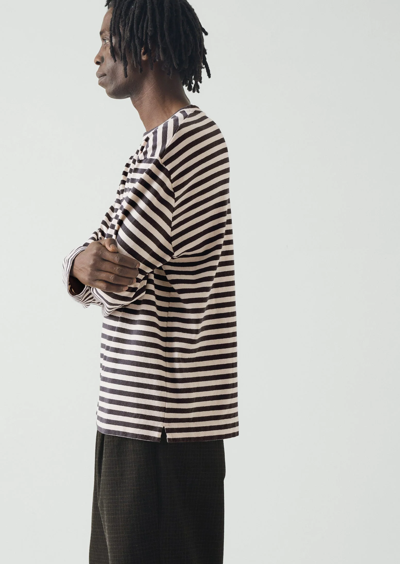 Chef Stripe Long Sleeve Cotton Tee | Slate/Vintage White - Image 2