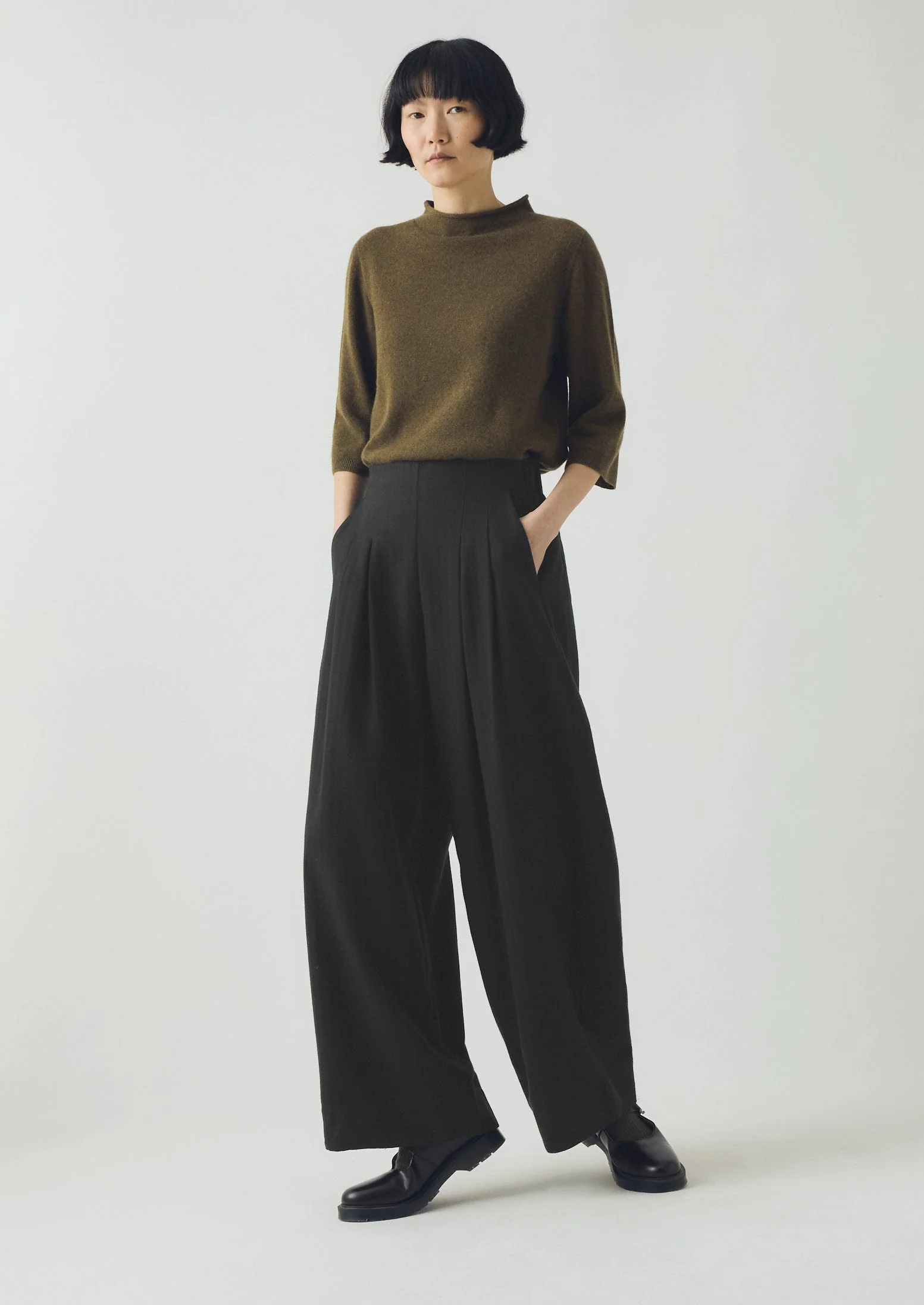 Corinne Wool Cotton Herringbone Wide Leg Pants | Black - Image 5