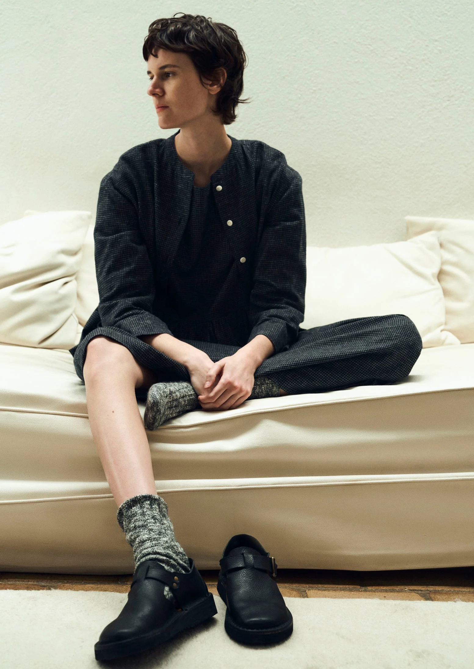 Cotton Cashmere Check Shirt | Black/Ecru - Image 7