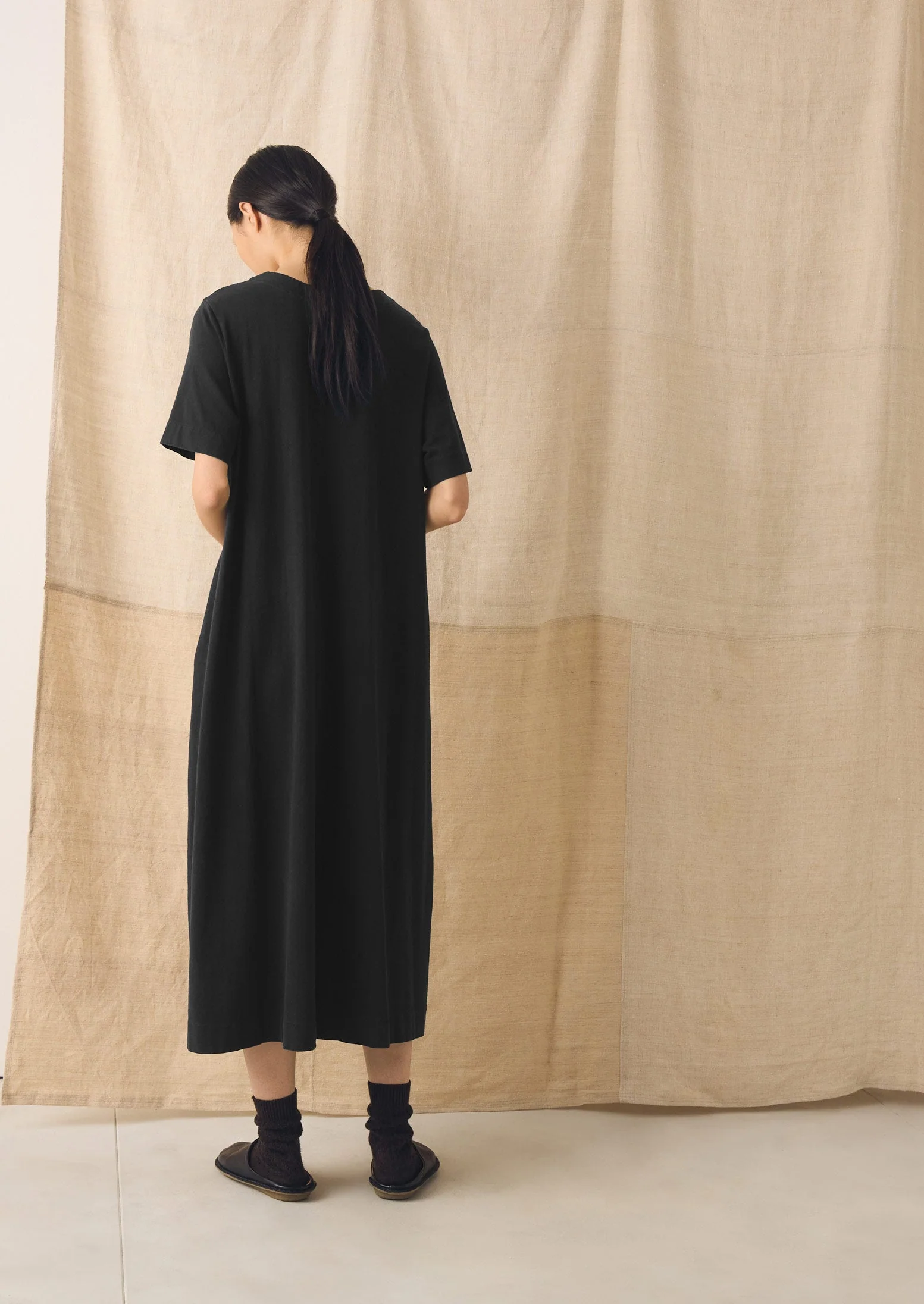 Cotton Jersey V Neck Dress | Washed Black - Image 4