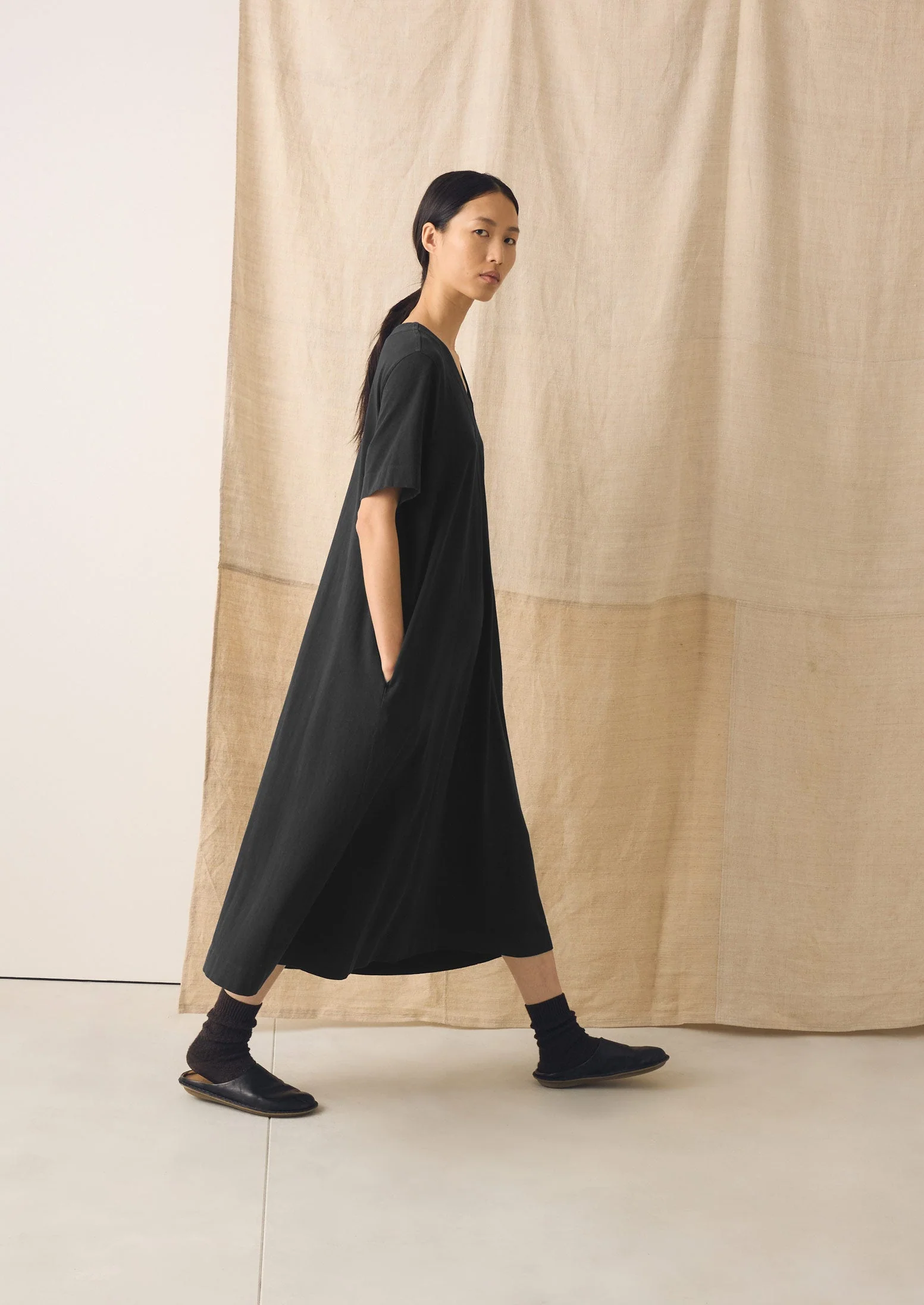 Cotton Jersey V Neck Dress | Washed Black - Image 5