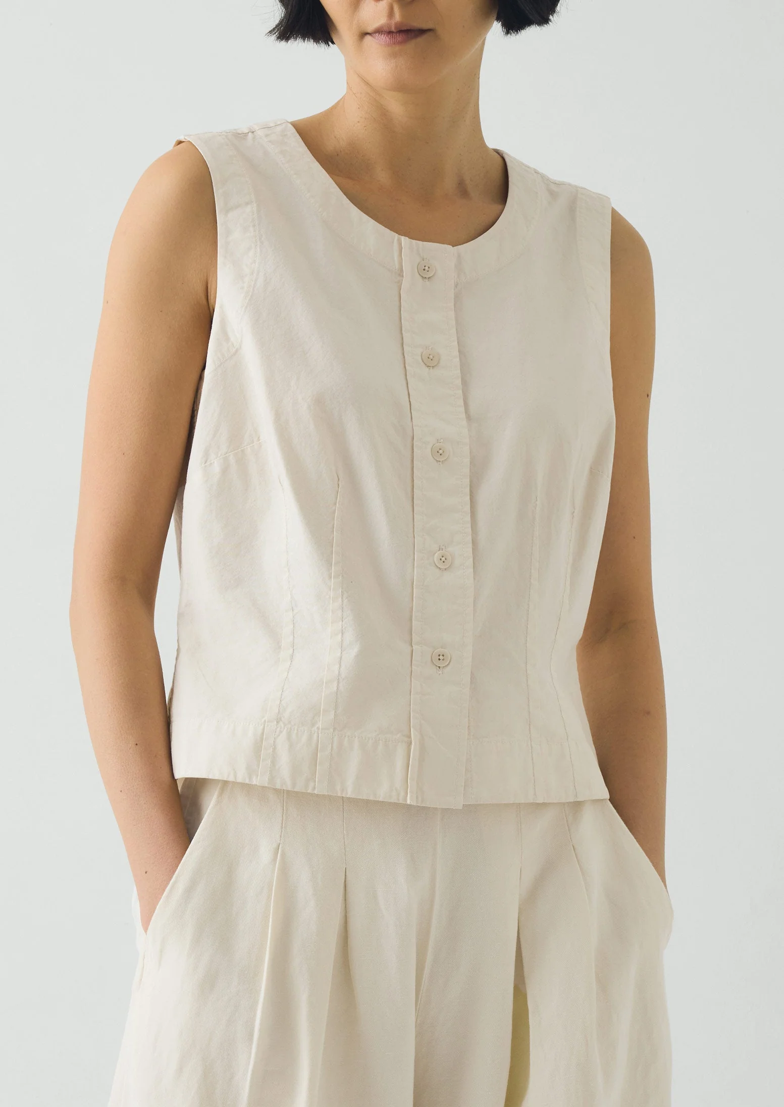 Cotton Linen Poplin Sleeveless Top | Ecru - Image 2