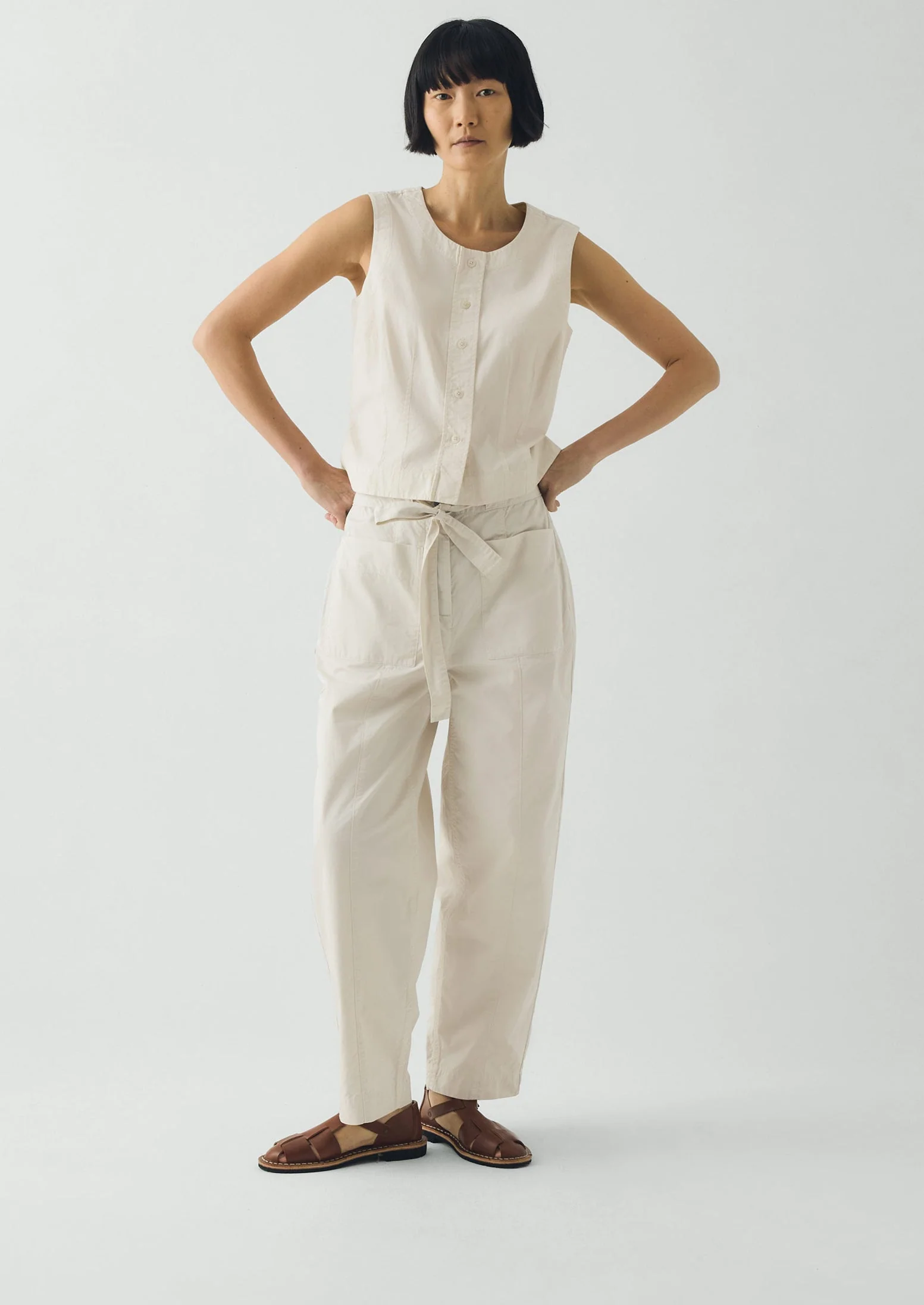 Cotton Twill Belted Pants | Pebble - Image 2