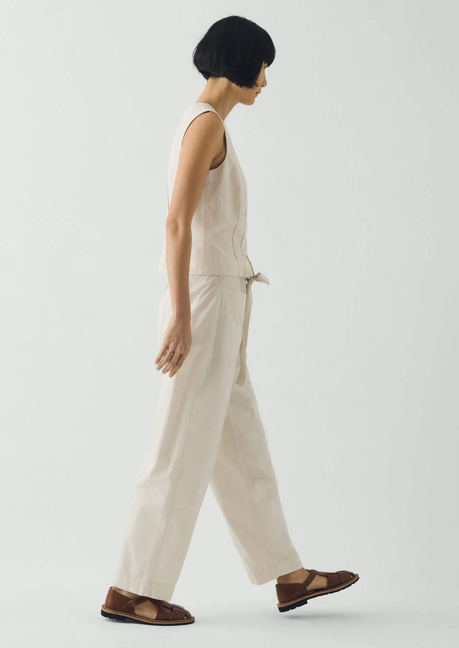 Cotton Twill Belted Pants | Pebble - Image 3