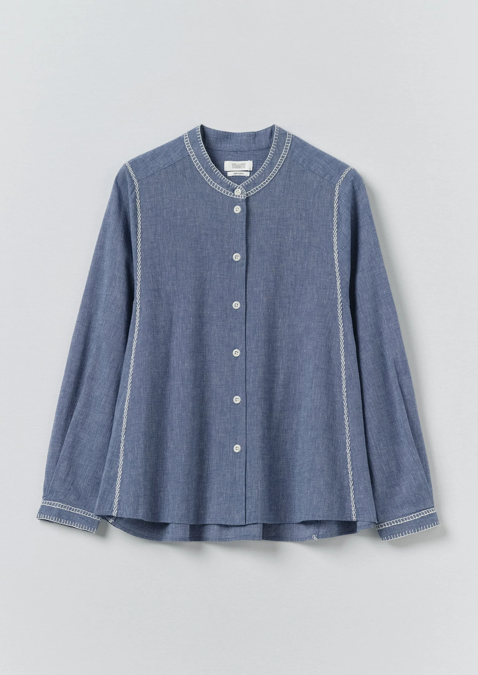 Embroidered Cotton Linen Chambray Shirt | Chambray Blue