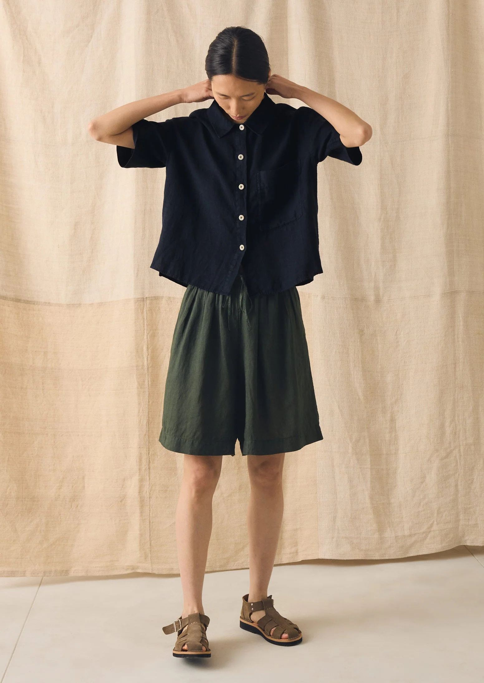 Garment Dyed Lightweight Linen Shorts | Dark Olive - Image 4