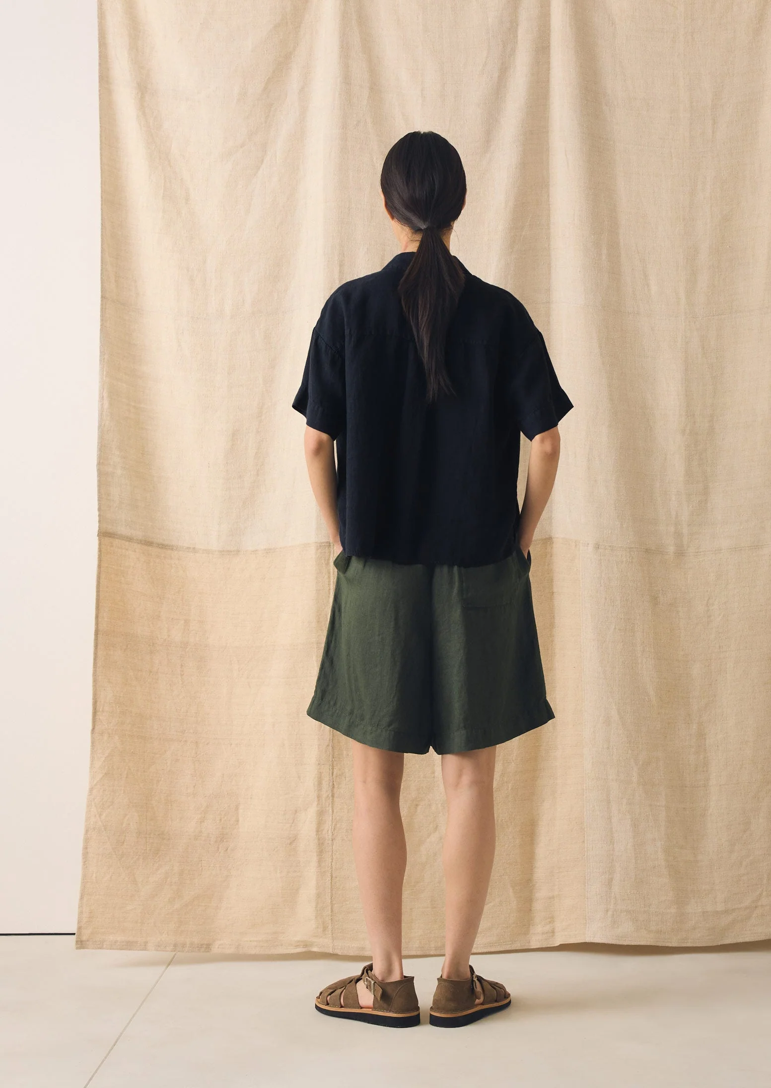 Garment Dyed Lightweight Linen Shorts | Dark Olive - Image 5