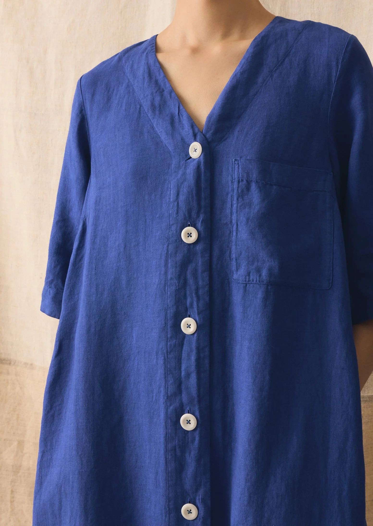 Garment Dyed Linen Button Front Dress | Carmine Blue - Image 4