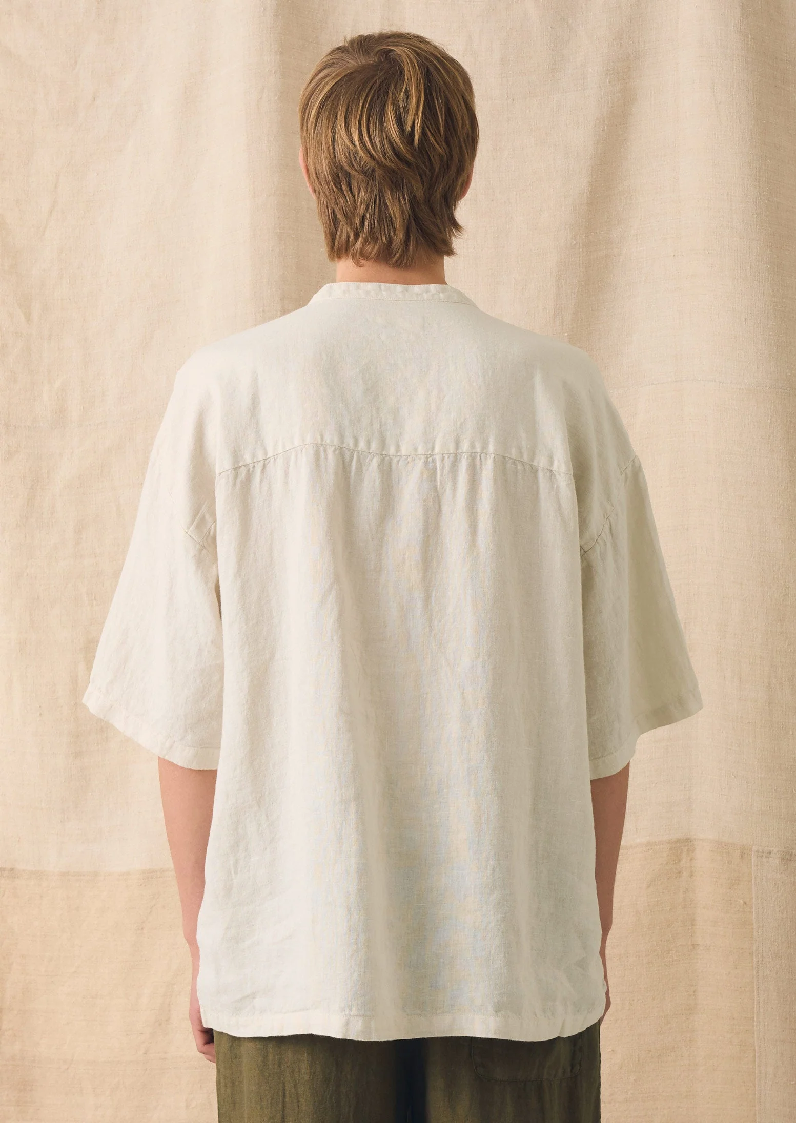 Garment Dyed Linen Grandad Collar Shirt | Oat - Image 4