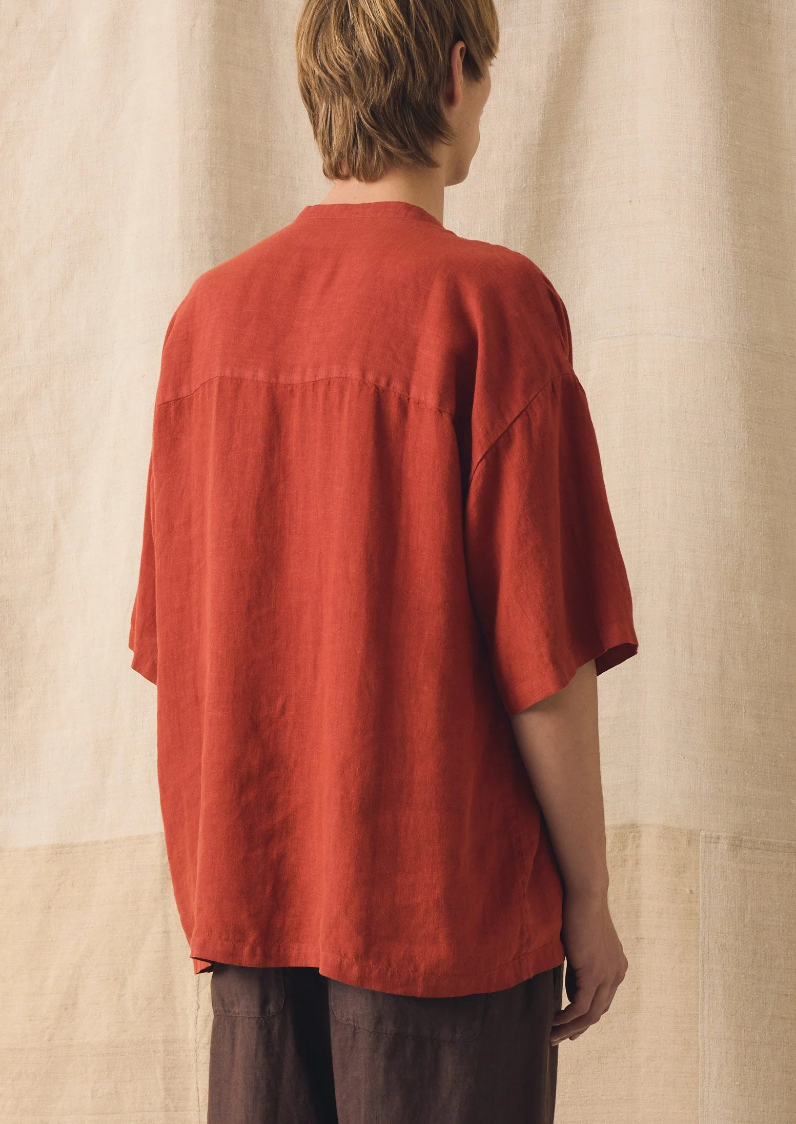 Garment Dyed Linen Grandad Collar Shirt | Sun-dried Tomato - Image 3