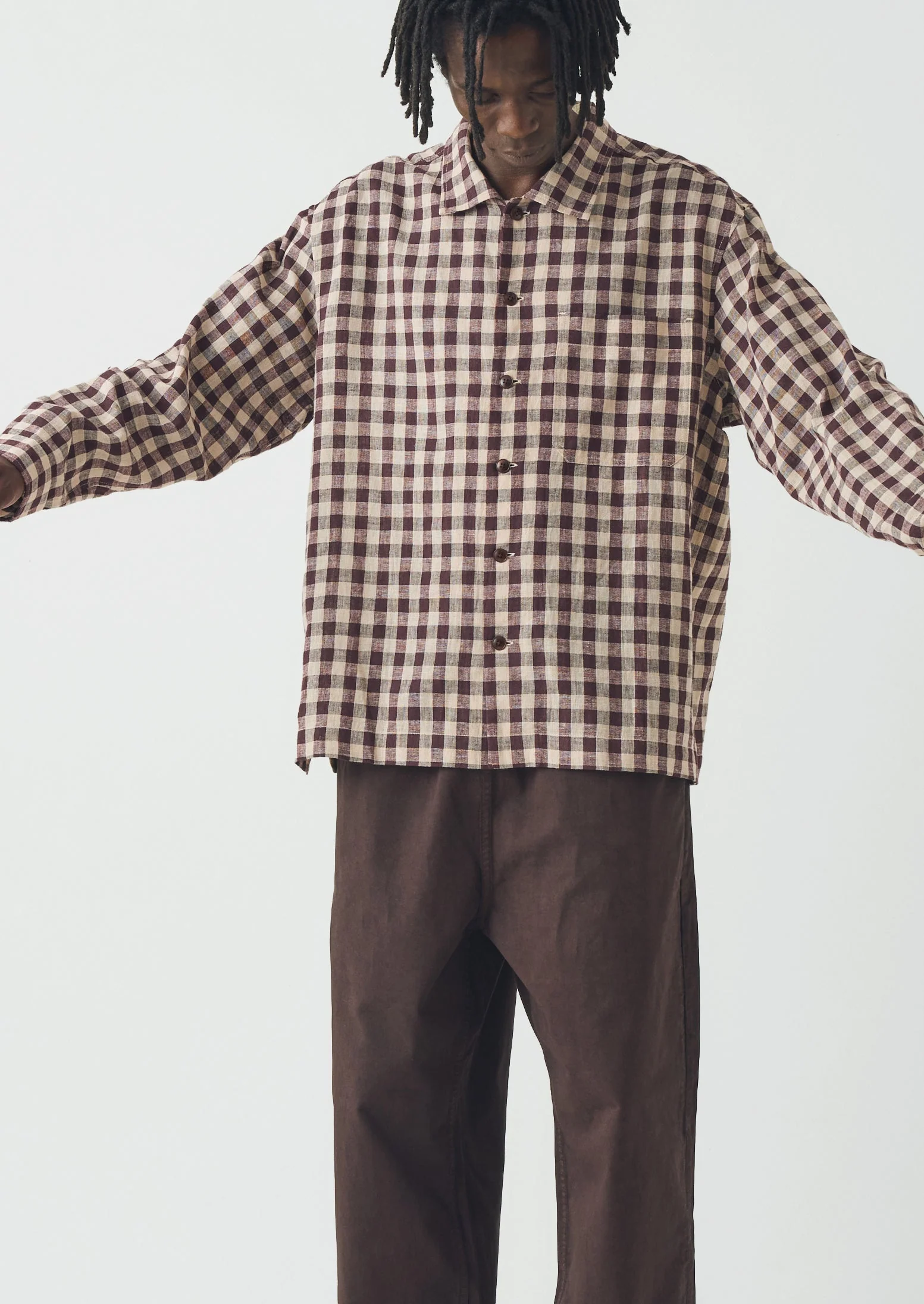 Gingham Cotton Linen Shirt | Dark Chocolate/Ecru - Image 2