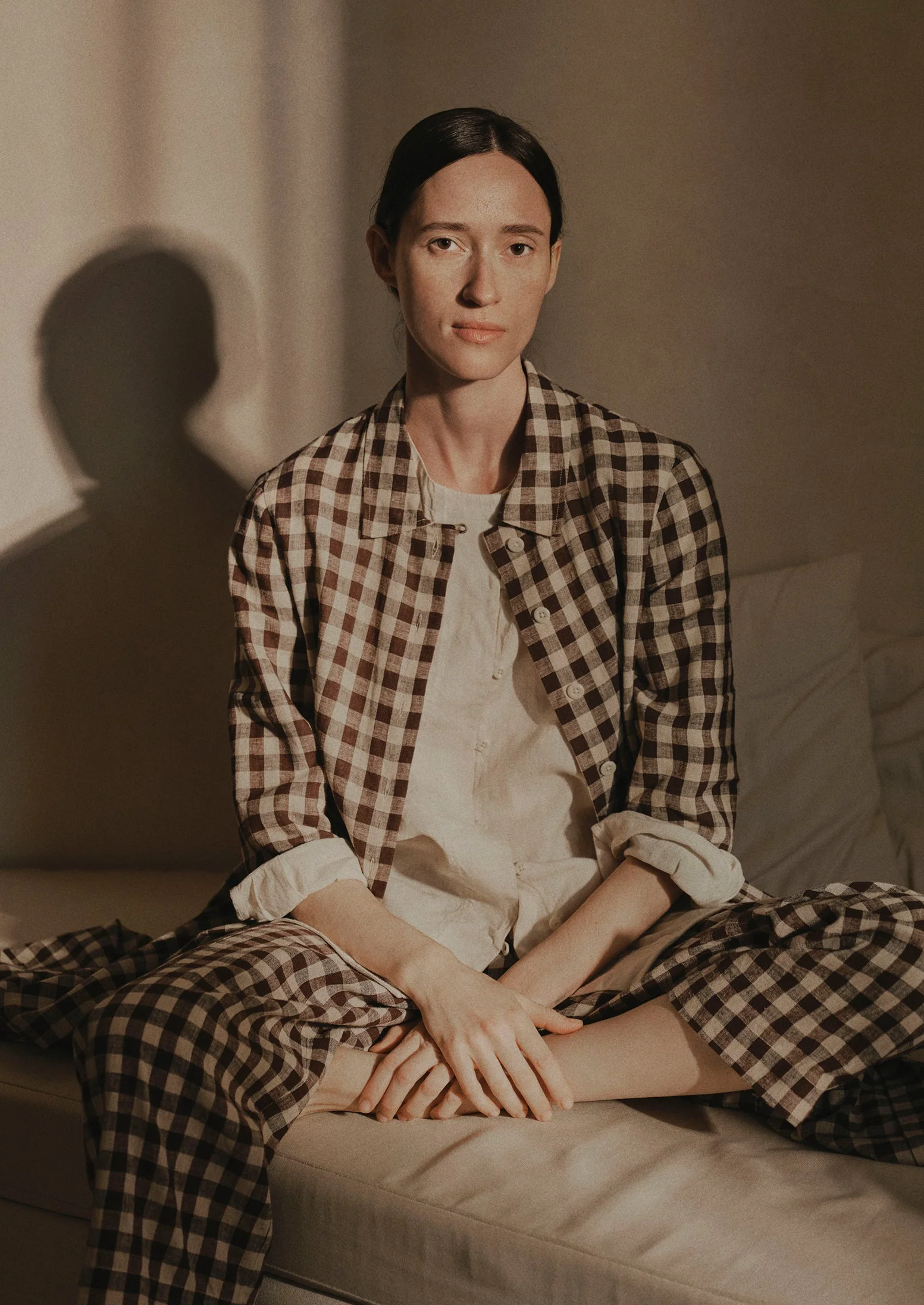 Gingham Linen Cotton Patch Pocket Pants | Dark Chocolate/Ecru - Image 3