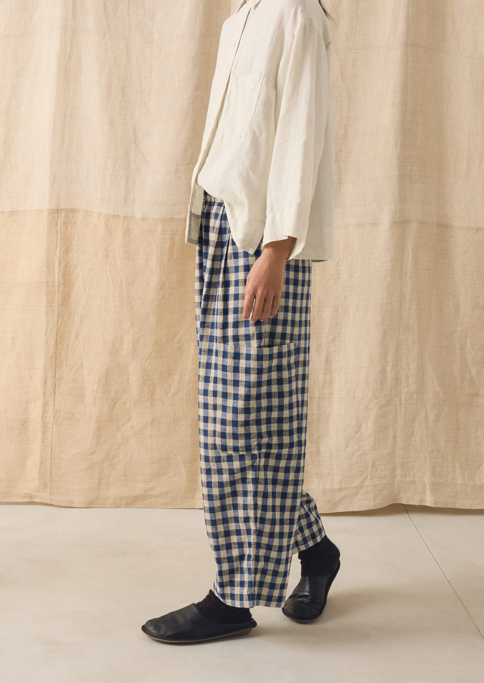 Gingham Linen Cotton Patch Pocket Pants | Denim Blue - Image 5