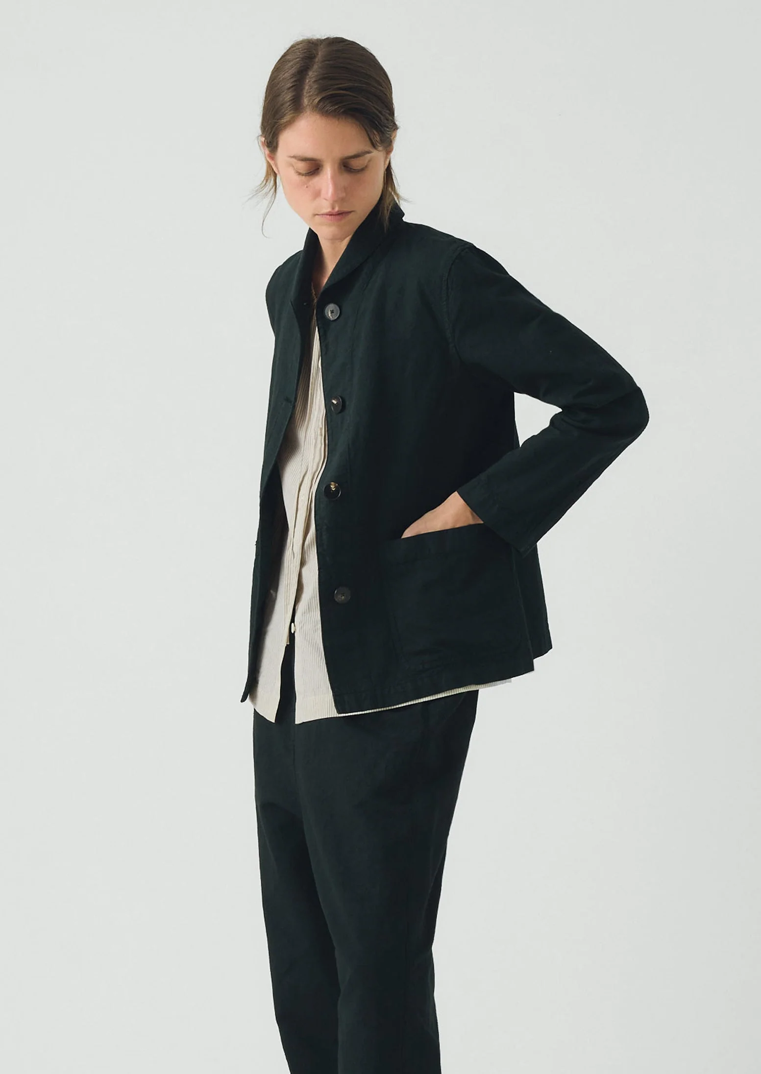 Hal Micro Houndstooth Cotton Linen Workwear Jacket | Oil Green - Image 2