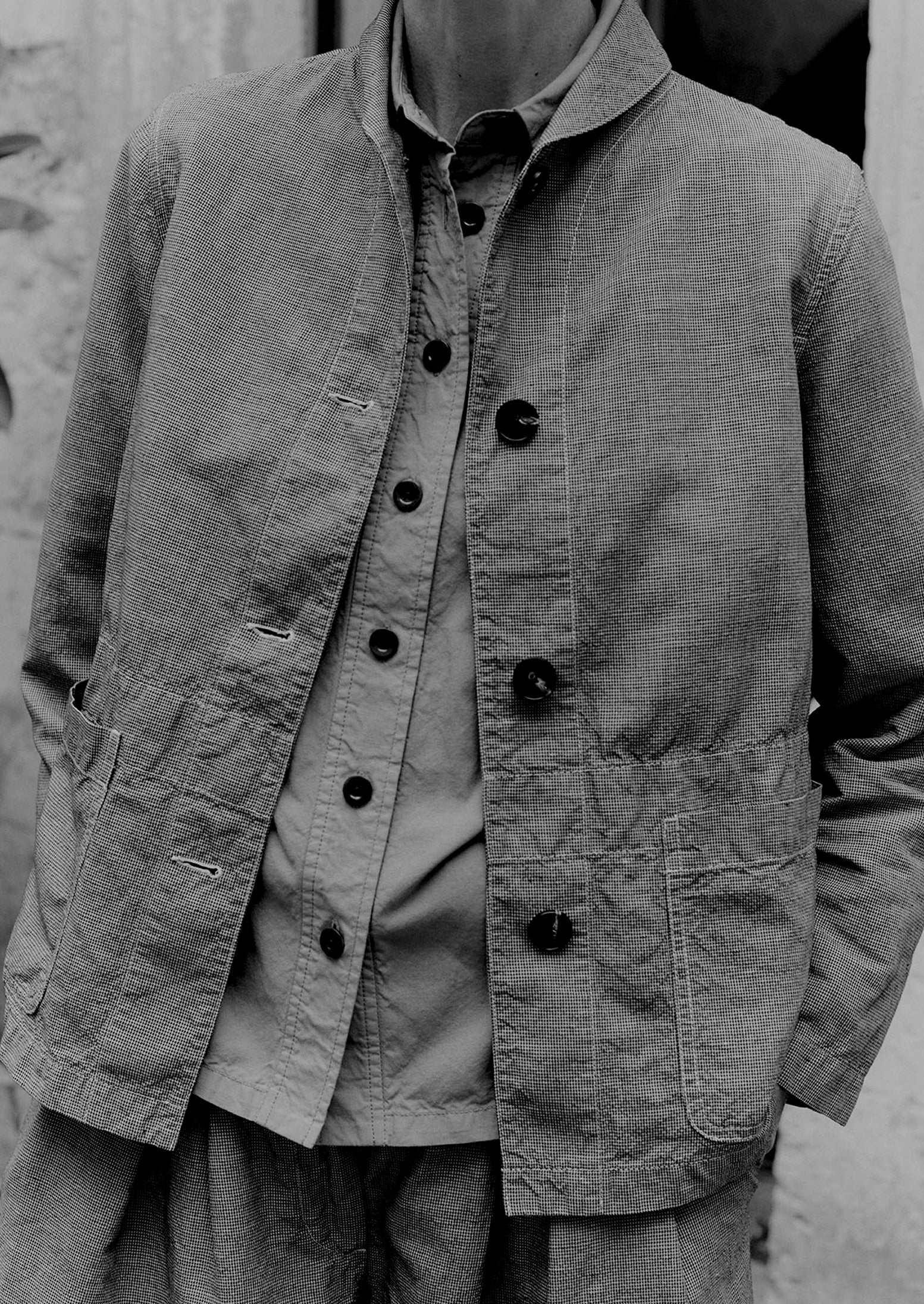 Hal Micro Houndstooth Cotton Linen Workwear Jacket | Vintage White/Black - Image 2