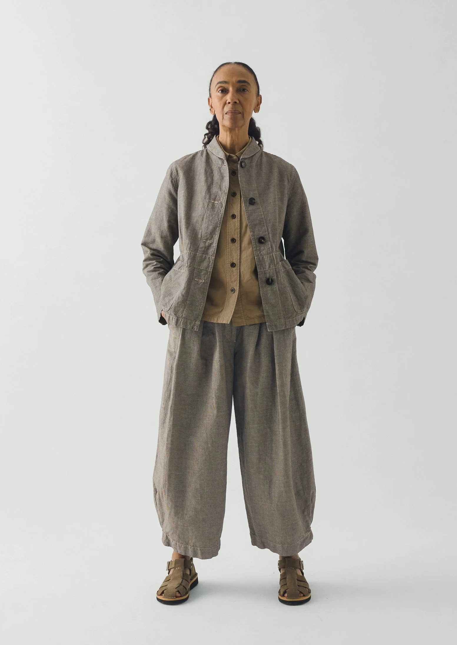 Hal Micro Houndstooth Cotton Linen Workwear Jacket | Vintage White/Black - Image 3