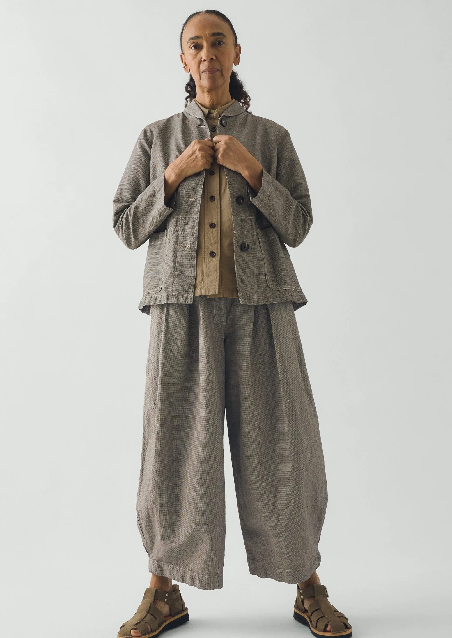Hal Micro Houndstooth Cotton Linen Workwear Jacket | Vintage White/Black - Image 5