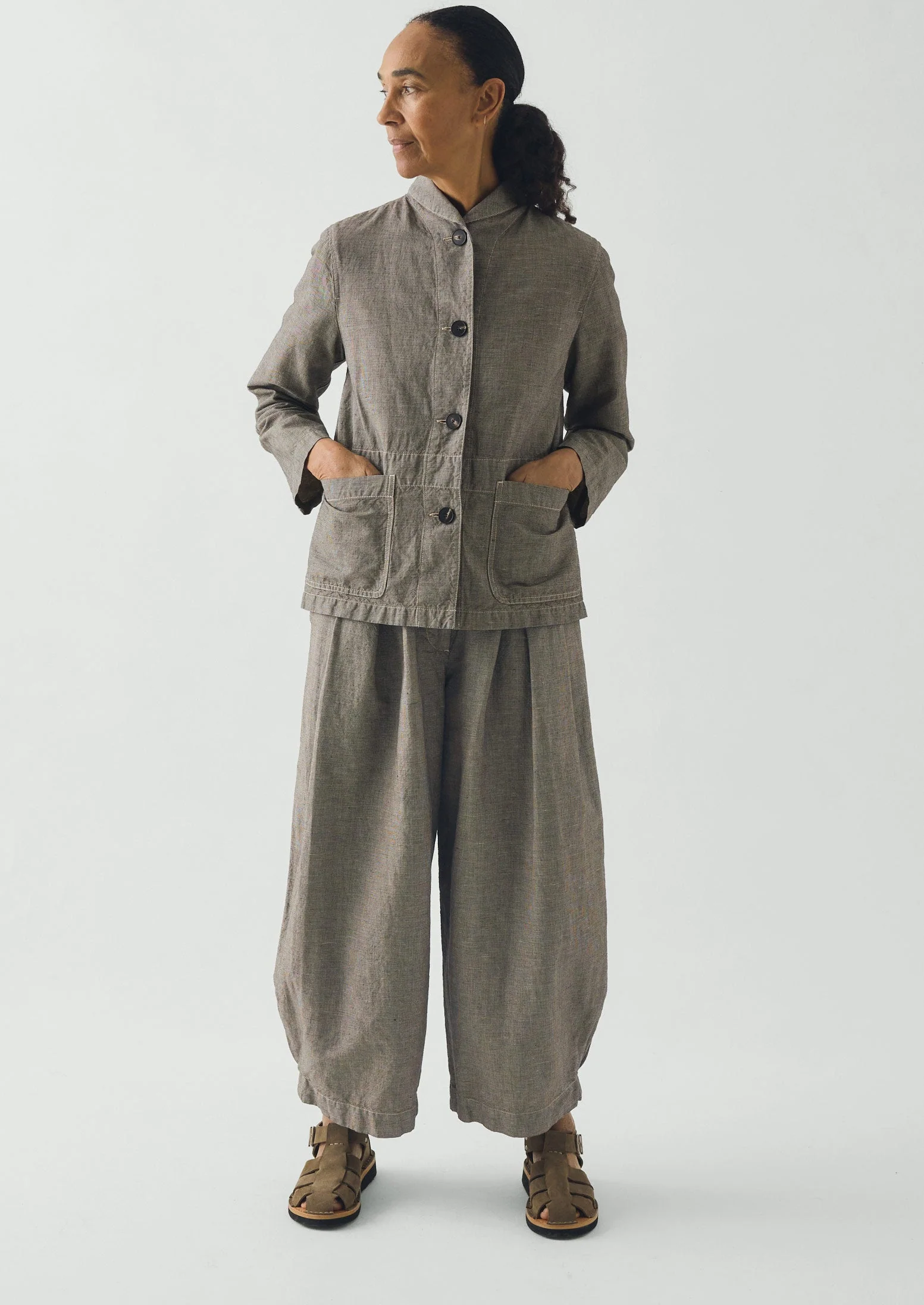 Hal Micro Houndstooth Cotton Linen Workwear Jacket | Vintage White/Black - Image 7
