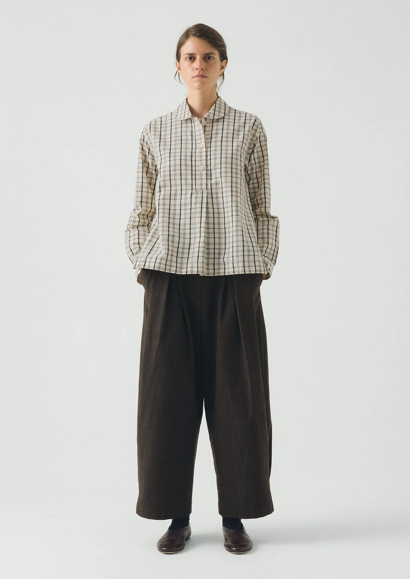 Half Placket Check Cotton Shirt | Ecru/Rich Soil - Image 3