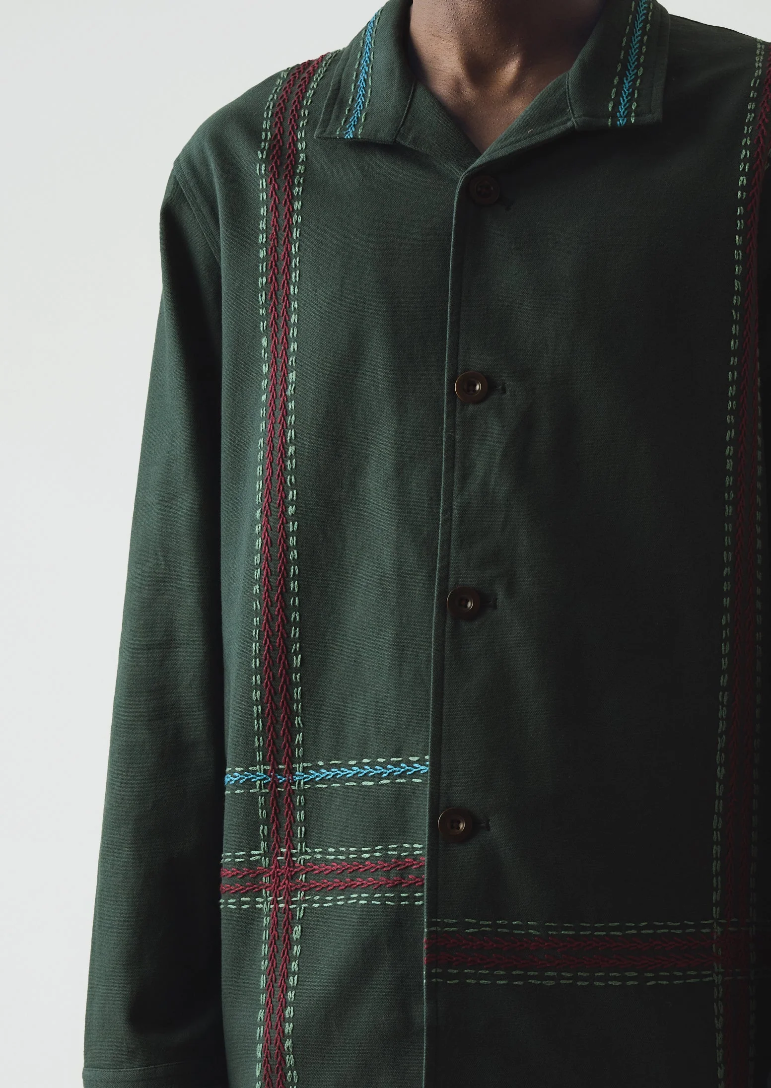 Hand Embroidered Stripe Cotton Jacket | Verdigris - Image 3