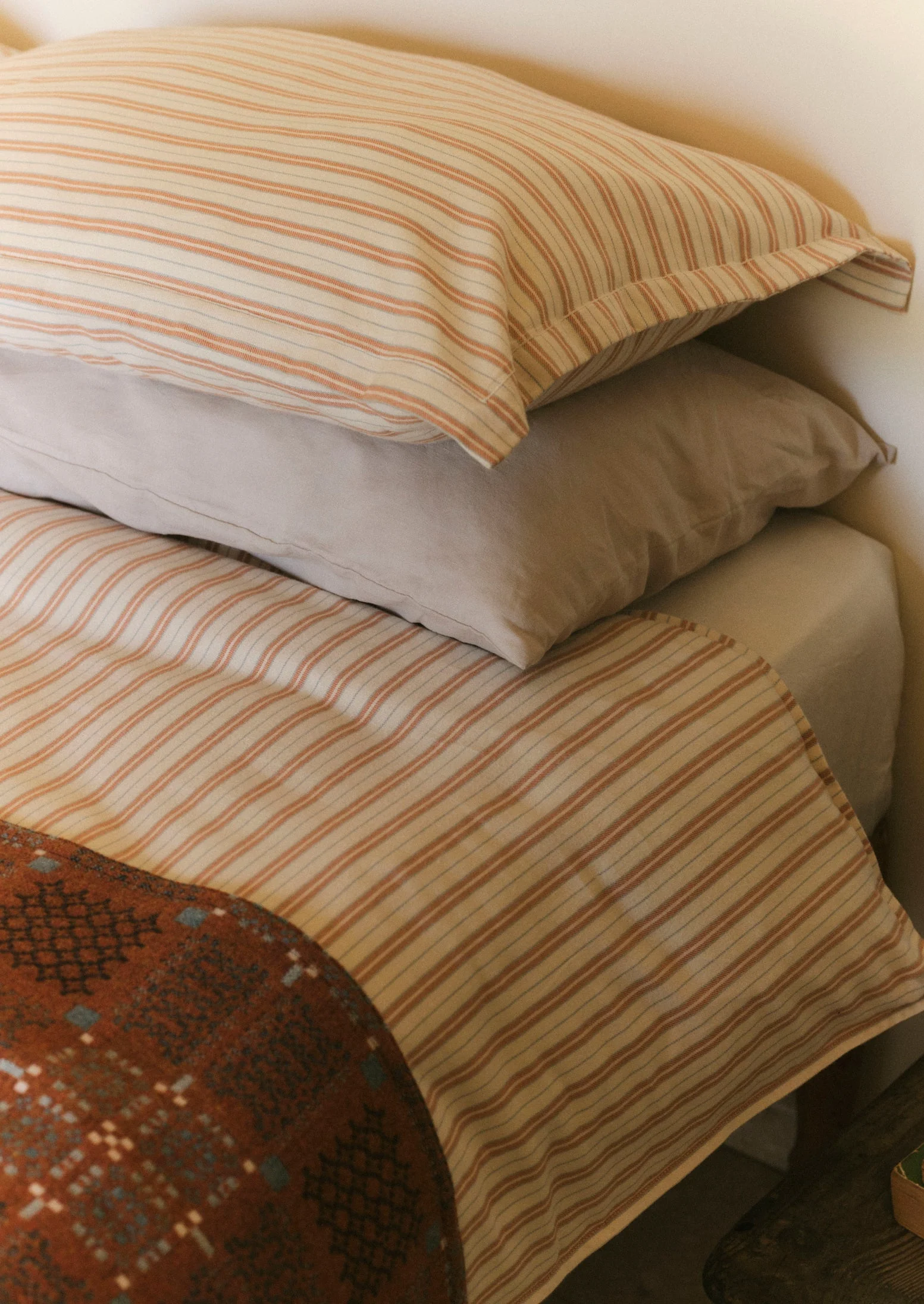 Ines Flannel Stripe Cotton Oxford Pillowcase Set | Apricot/Soft Blue - Image 2