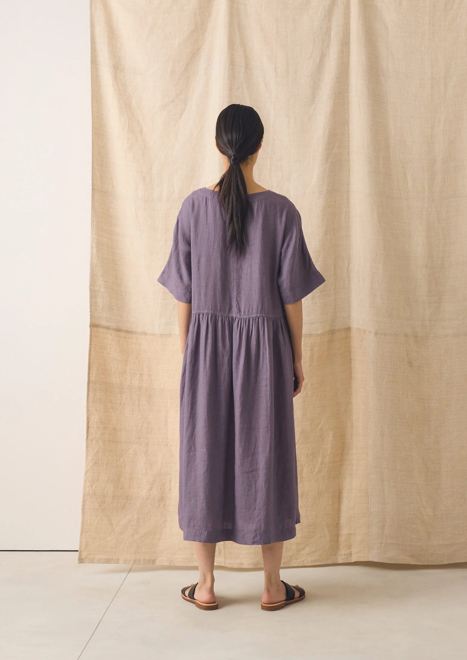 Lightweight Linen Gathered Waist Dress | Dark Thistle - Image 5
