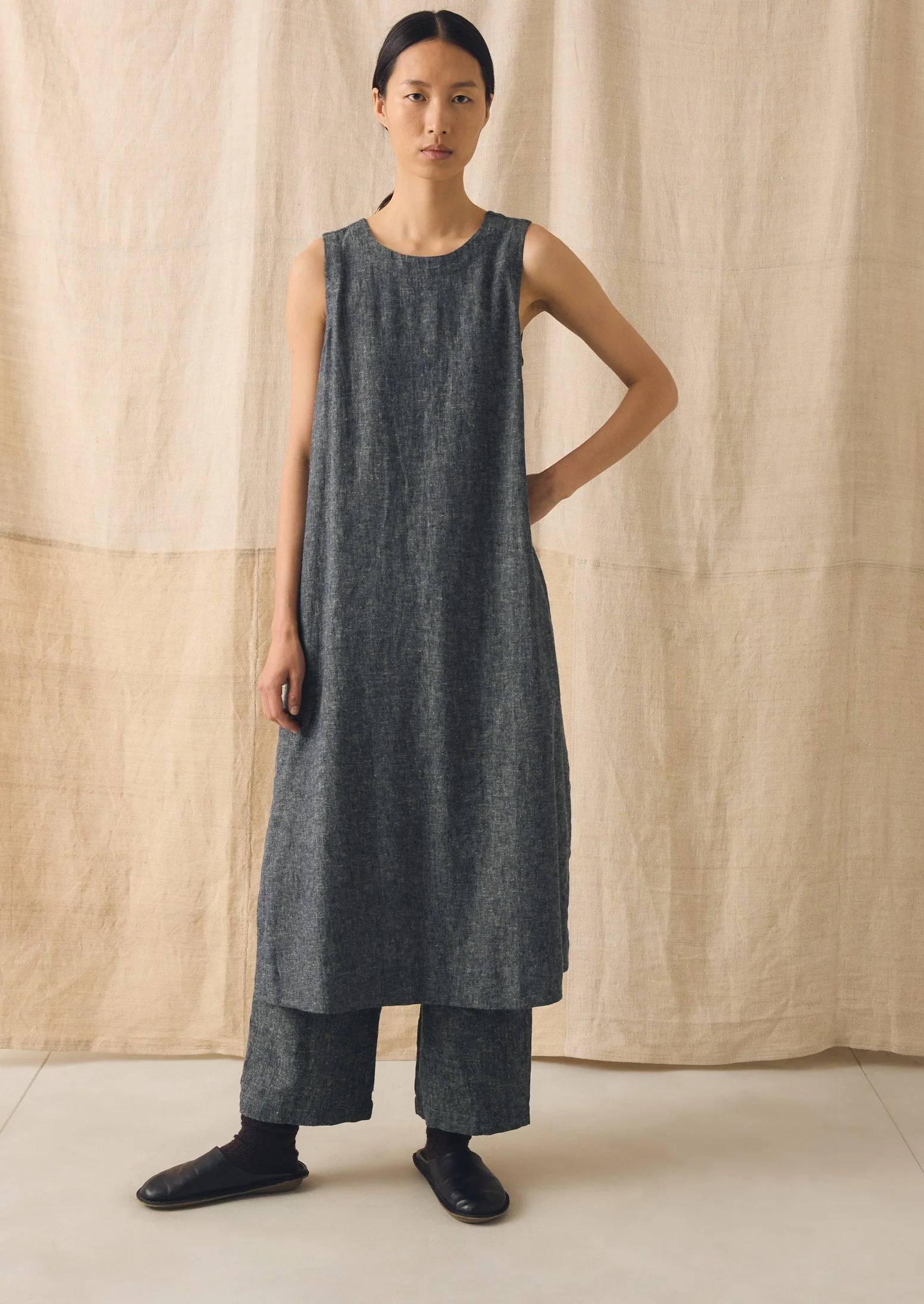 Linen Cotton Twill Apron Shift Dress | Navy/Ecru - Image 4