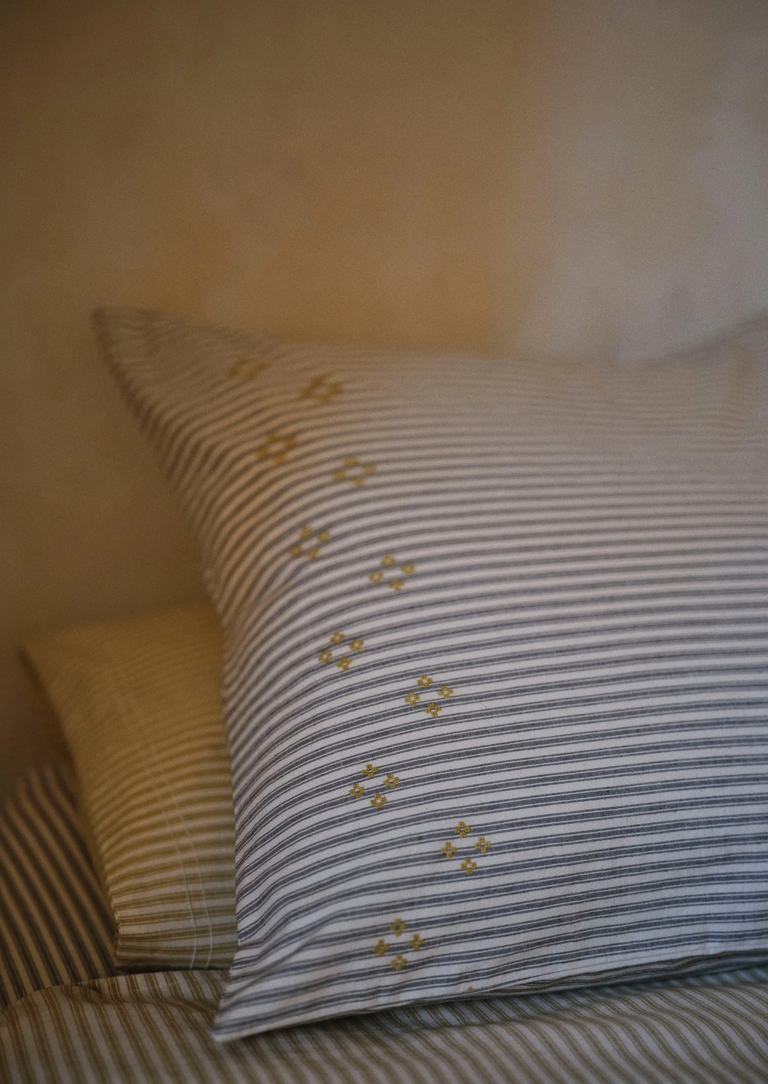 Organic Cotton Ticking Stripe Embroidered Square Pillowcase | Ecru/Graphite - Image 2