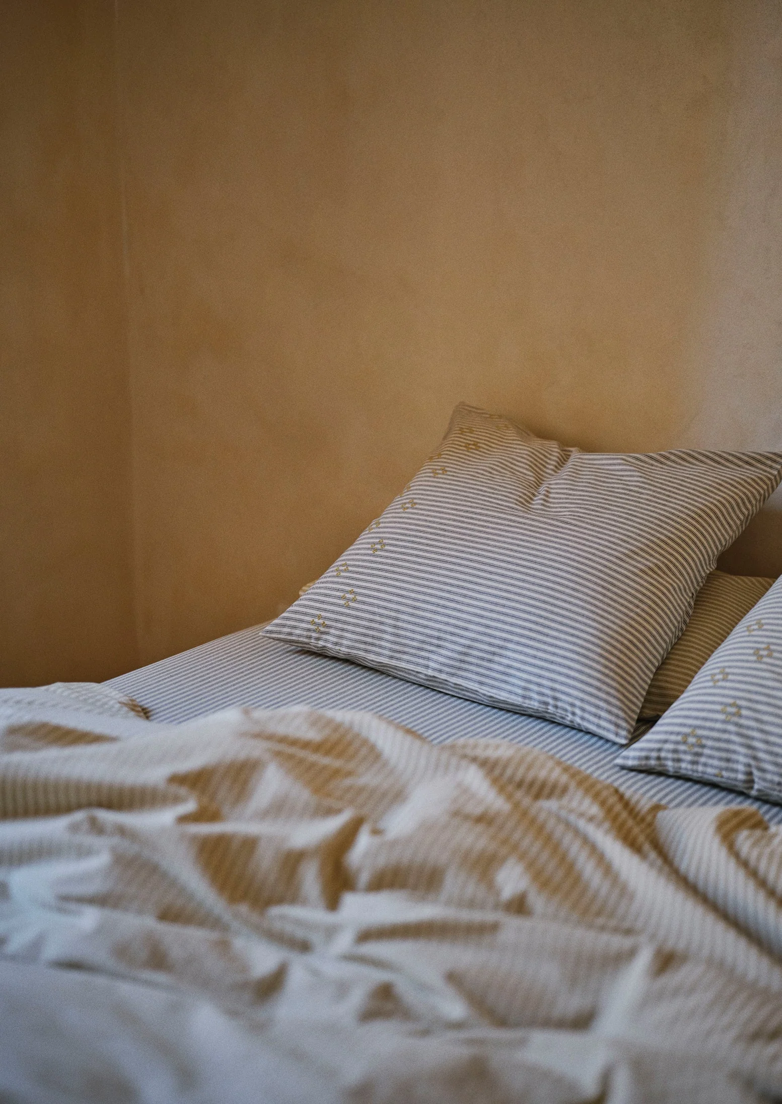 Organic Cotton Ticking Stripe Embroidered Square Pillowcase | Ecru/Graphite - Image 3