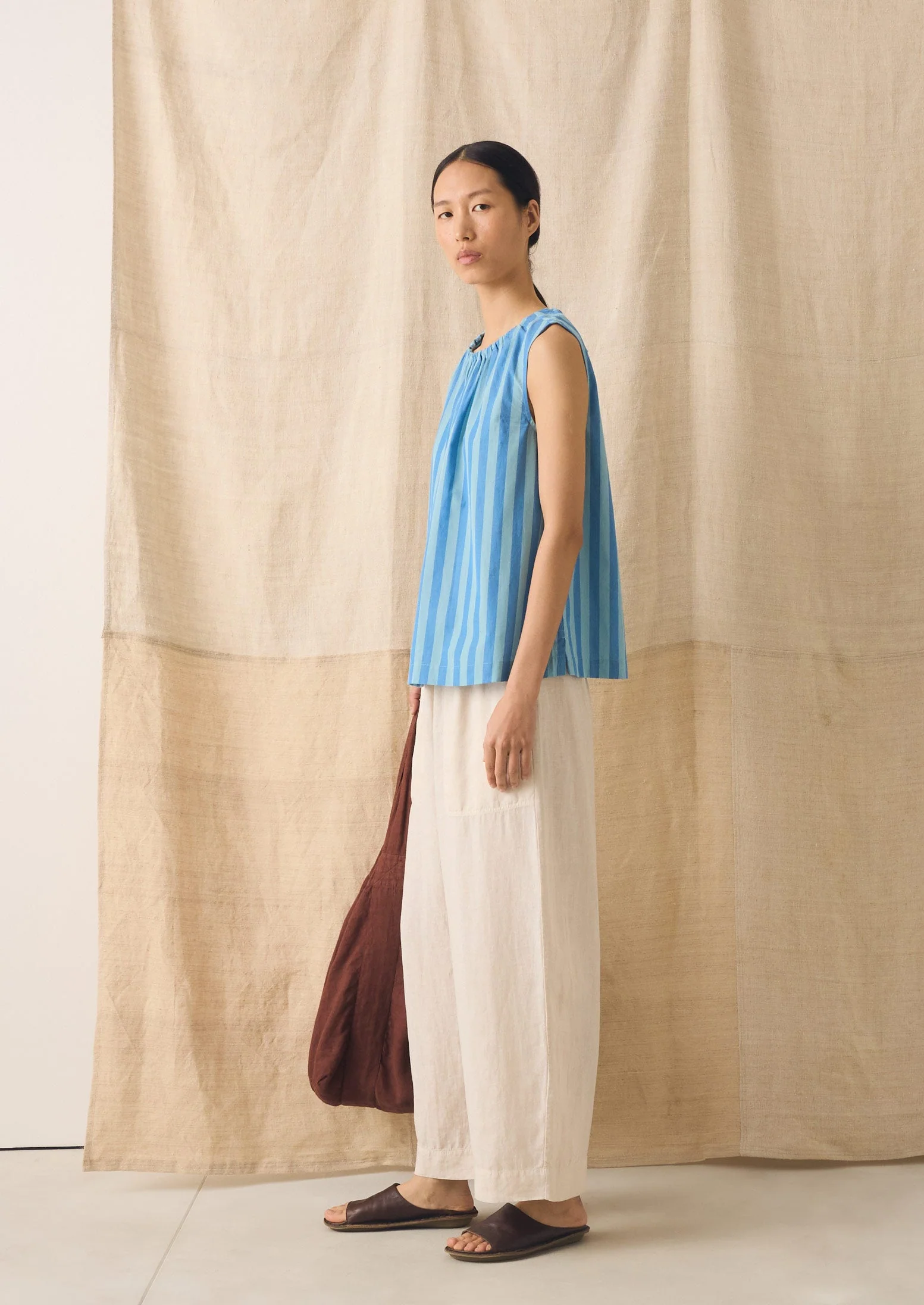 Oyo Stripe Gathered Cotton Tank | Aqua/Cornflower - Image 4