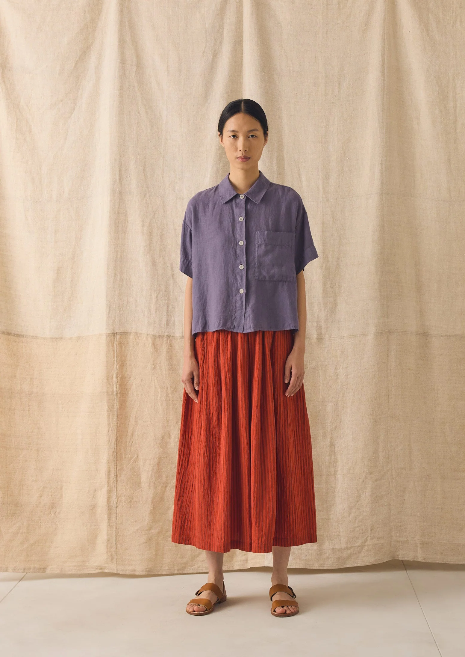 Pleated Cotton Stripe Skirt | Tomato - Image 4