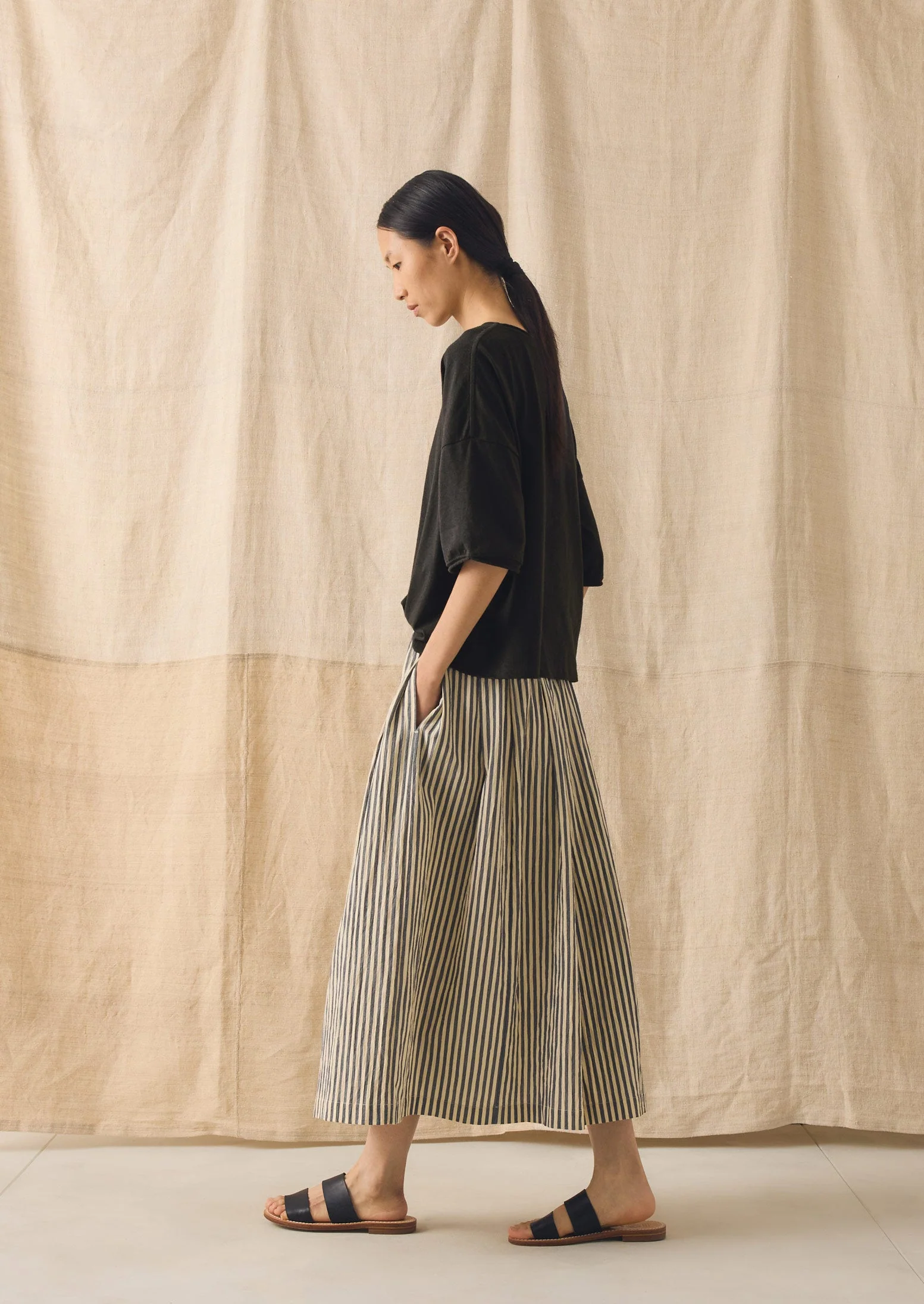 Pleated Cotton Stripe Skirt | Workshop Blue - Image 2