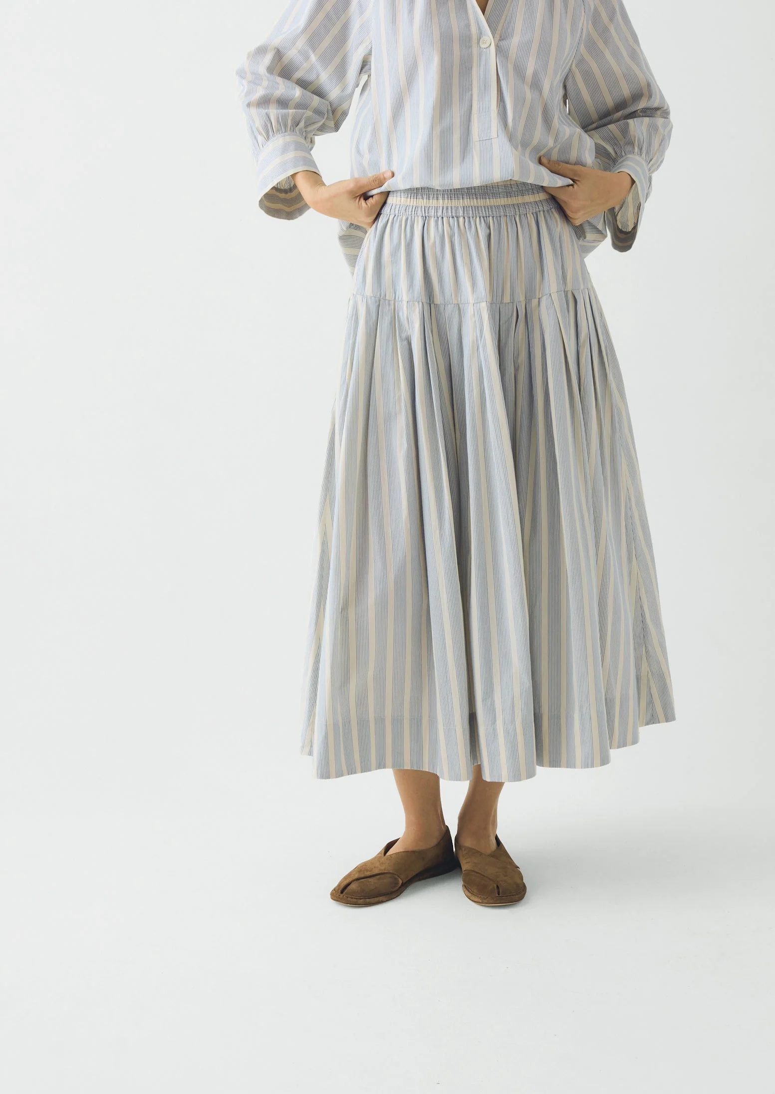 Pleated Stripe Cotton Skirt | Ecru/Blue - Image 3