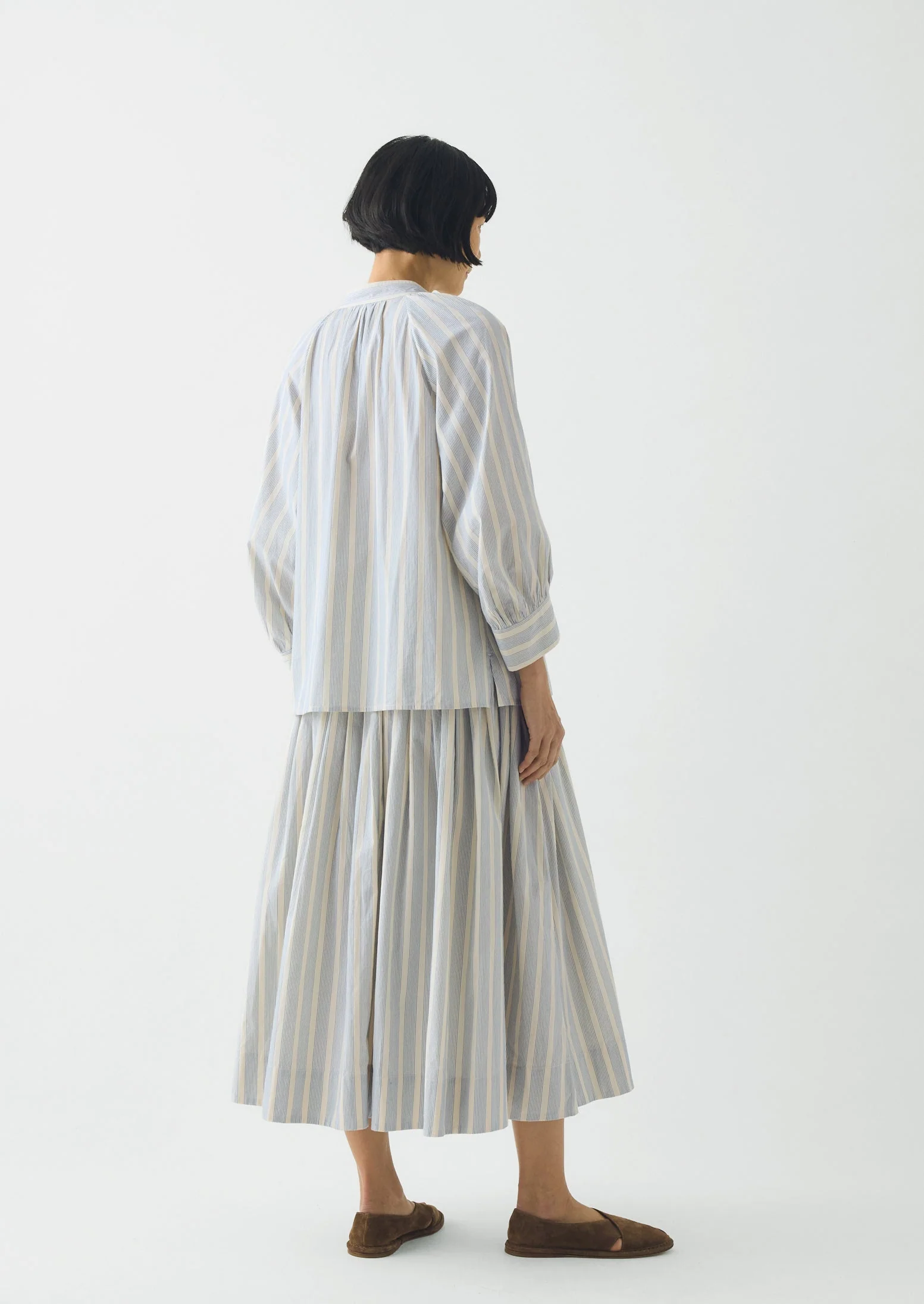 Pleated Stripe Cotton Skirt | Ecru/Blue - Image 6