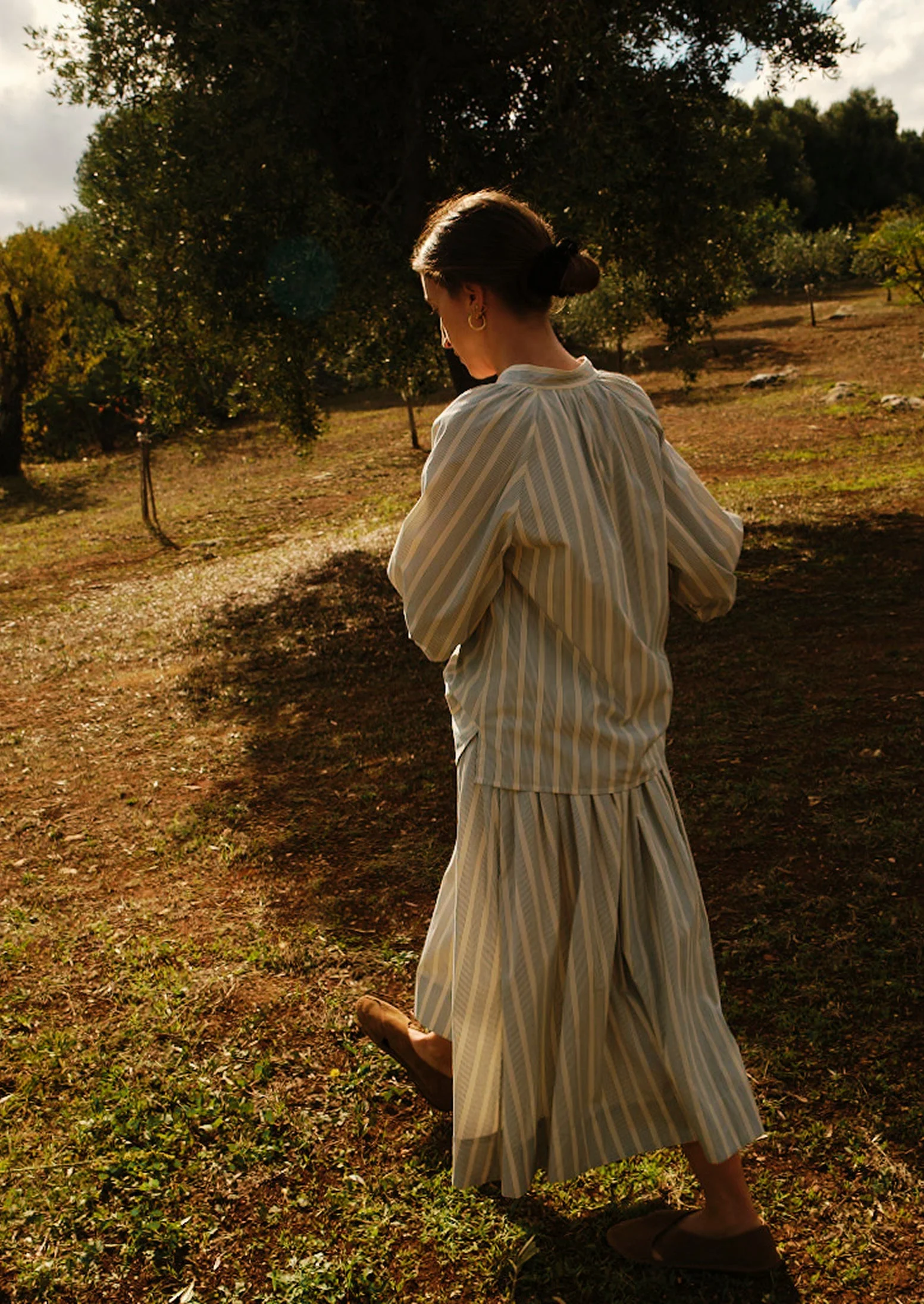 Pleated Stripe Cotton Skirt | Ecru/Blue - Image 7