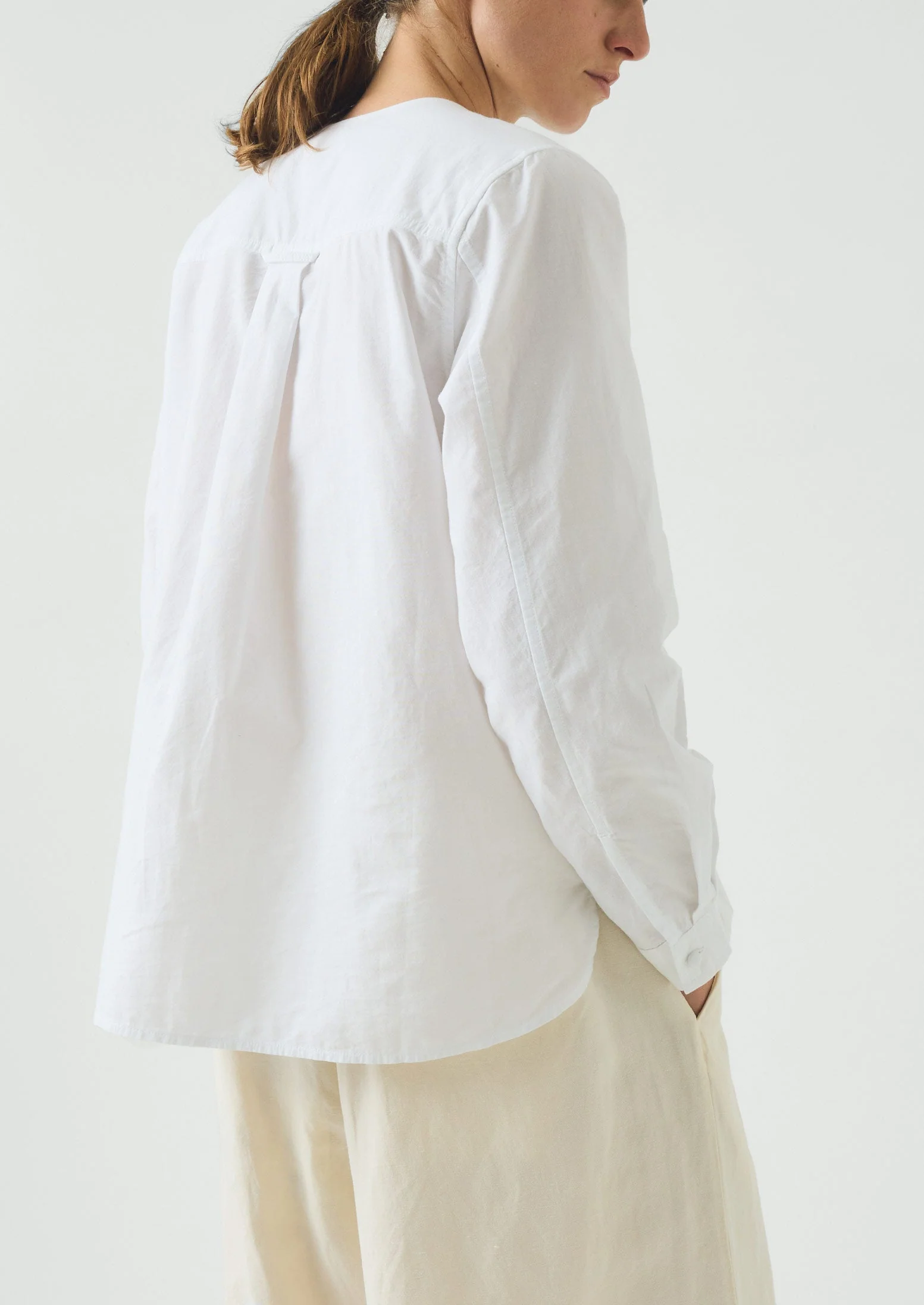Round Neck Cotton Oxford Shirt | Paper White - Image 8