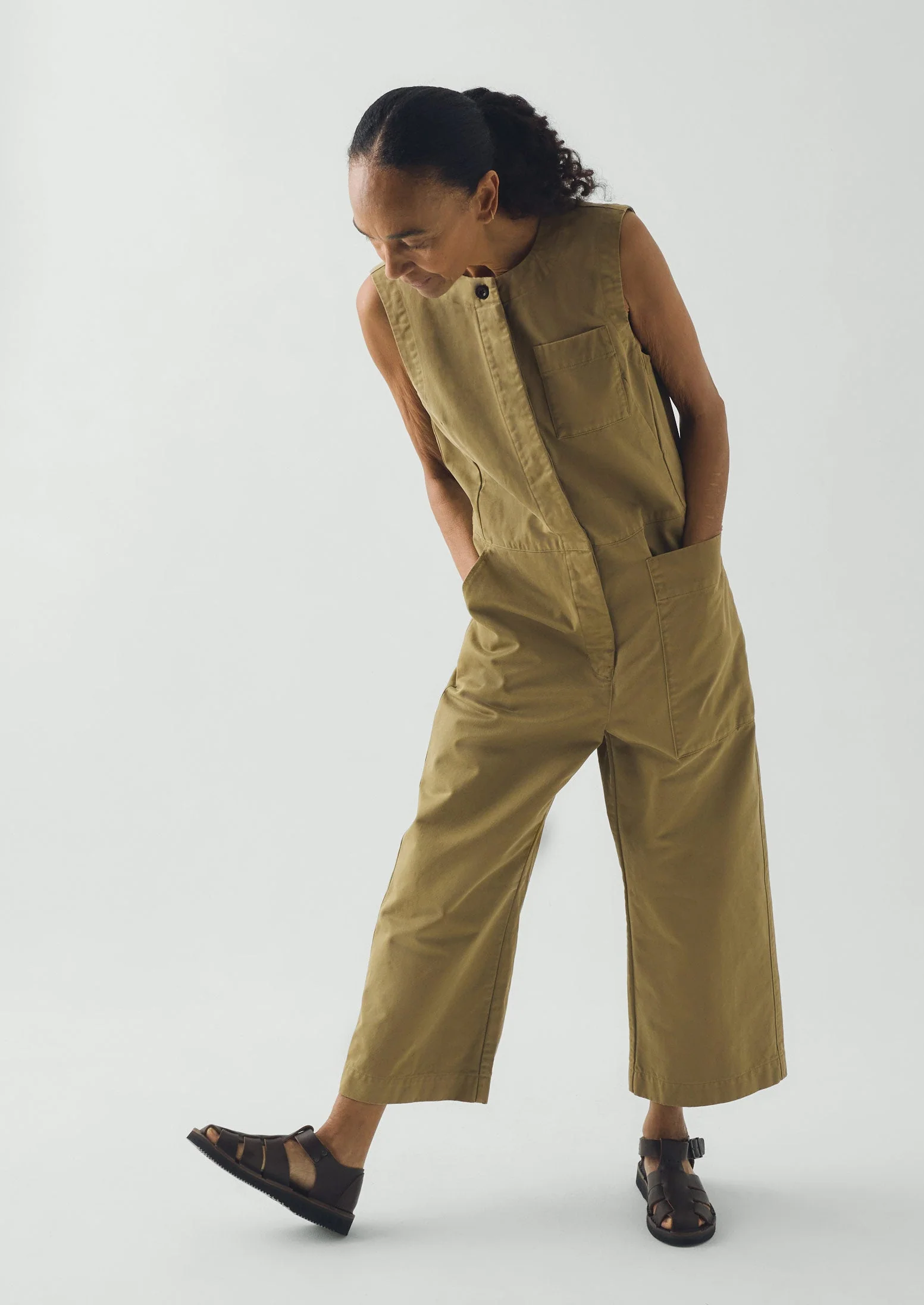 Sleeveless Cotton Twill Jumpsuit | Olive Leaf - Image 2