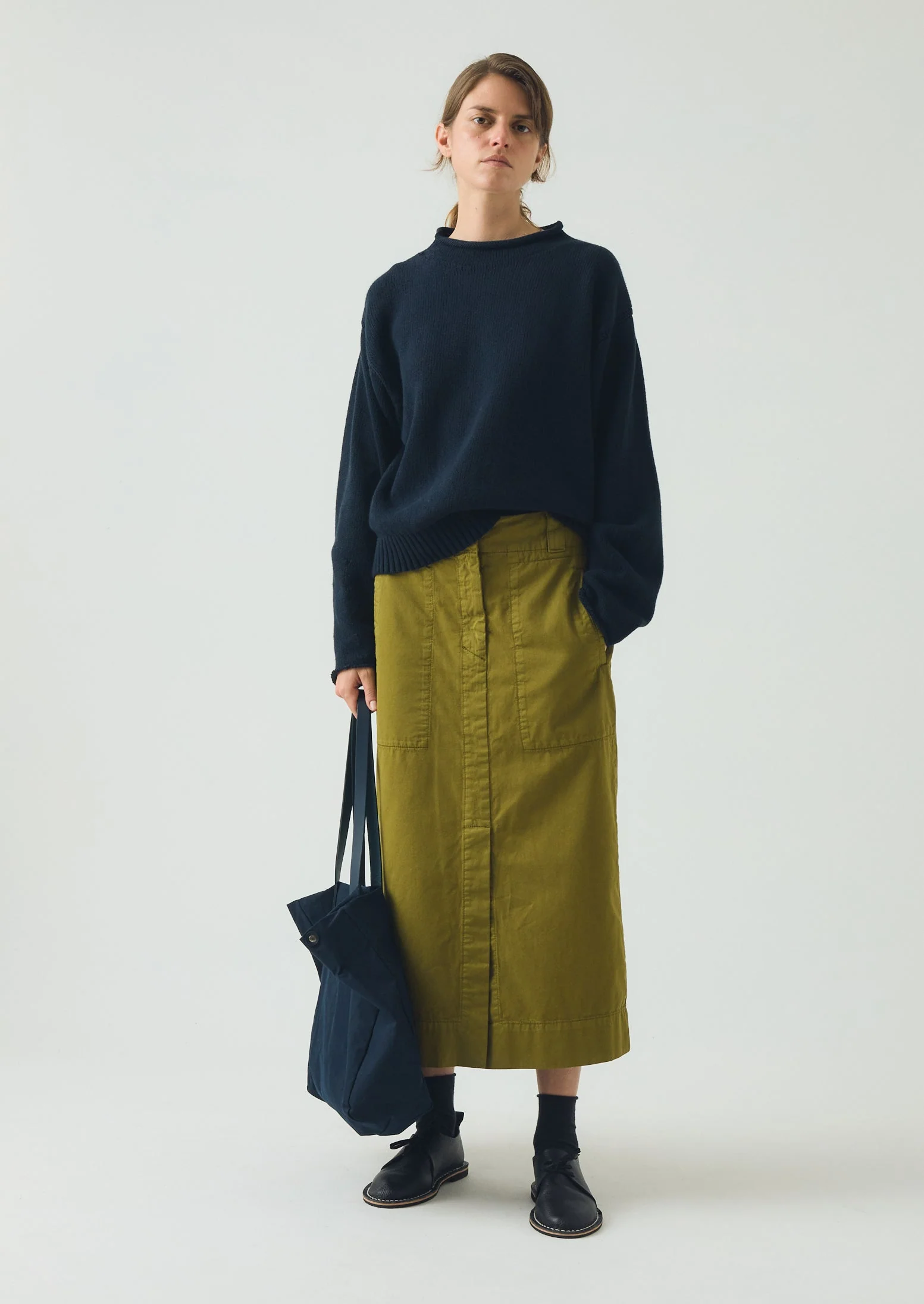 Straight Cotton Twill Skirt | Warm Olive - Image 2