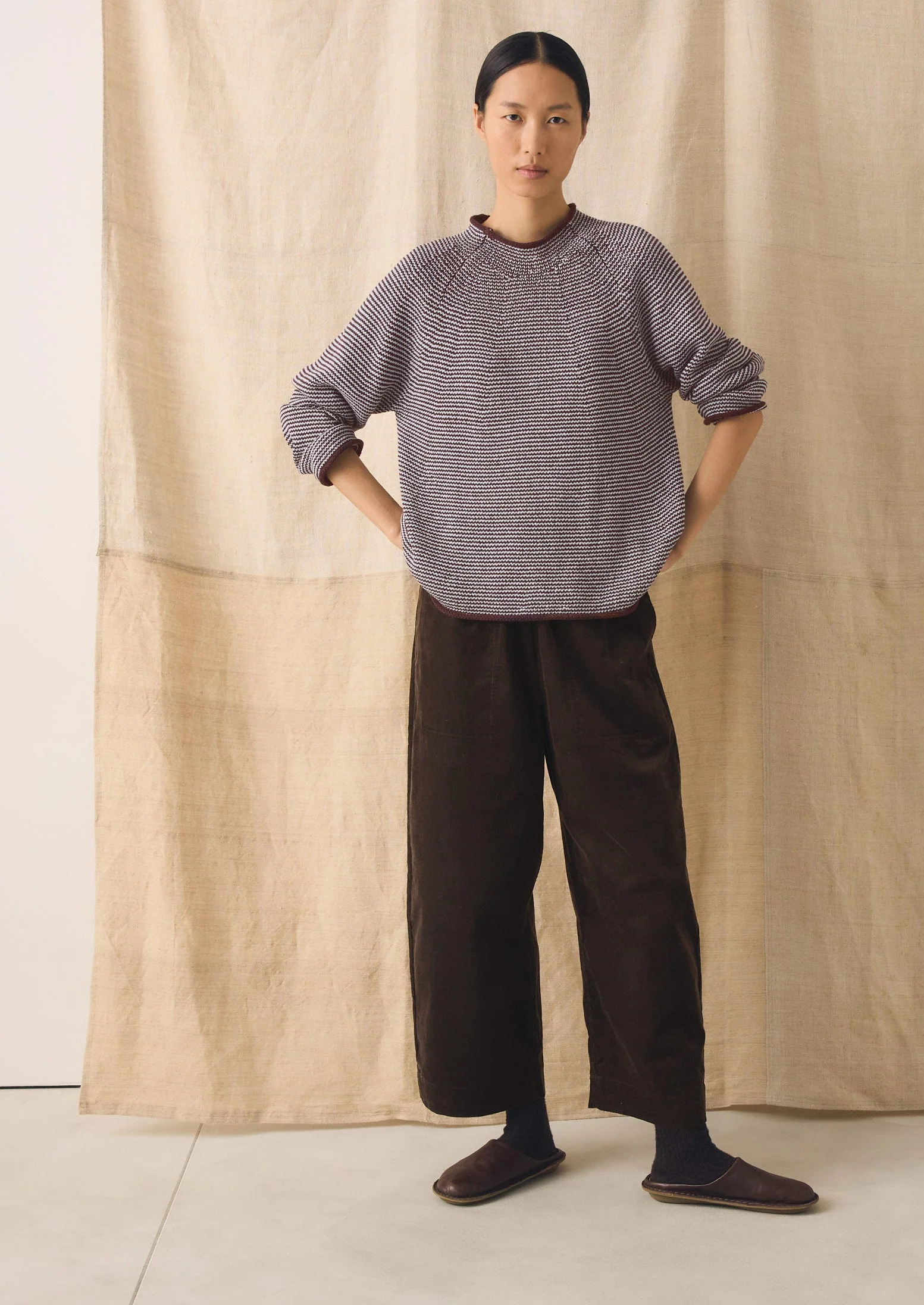 Stripe Linen Cotton Sweater | Brown Ochre/Periwinkle - Image 2