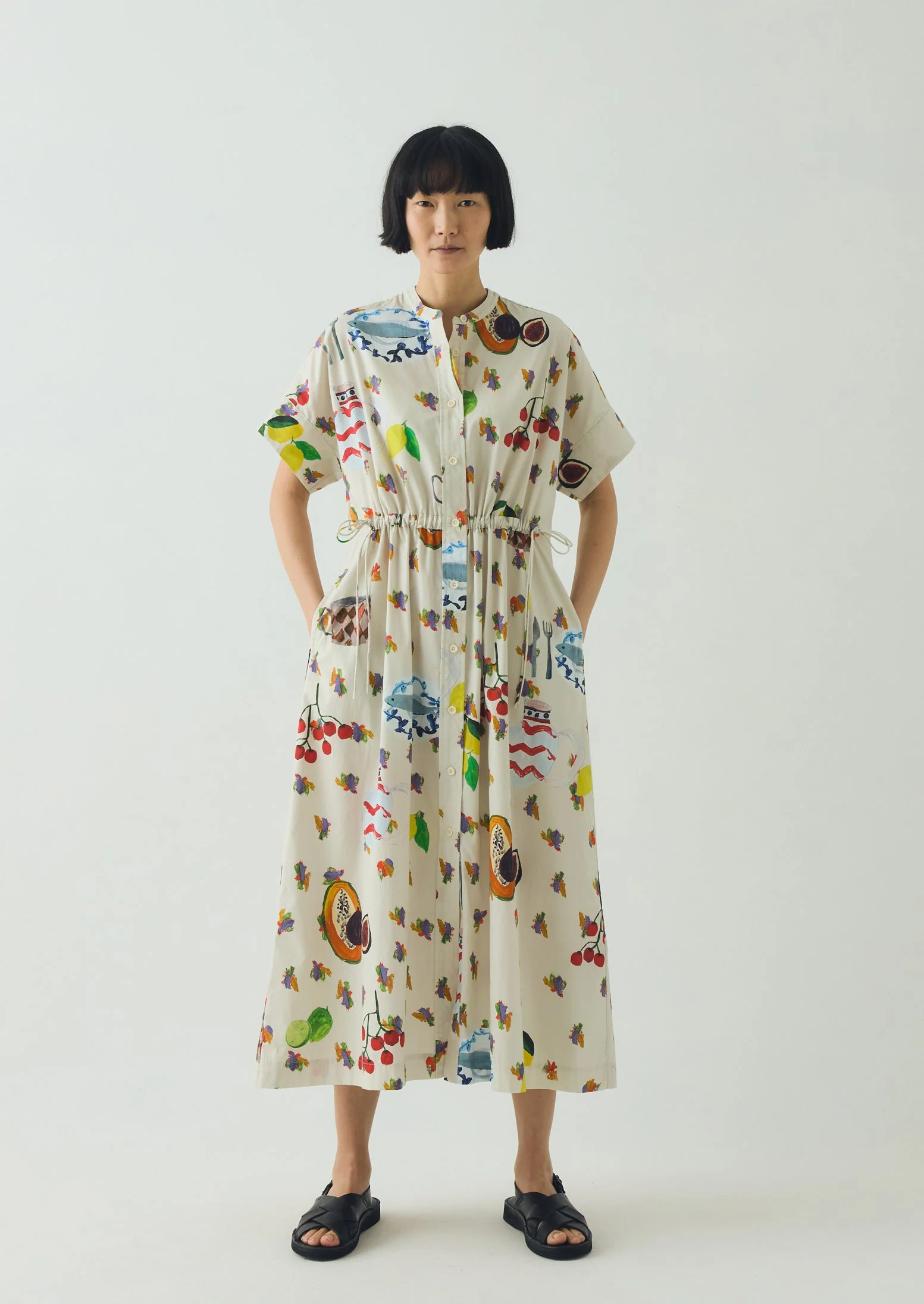 Table Setting Print Cotton Dress | Ecru Multi - Image 3