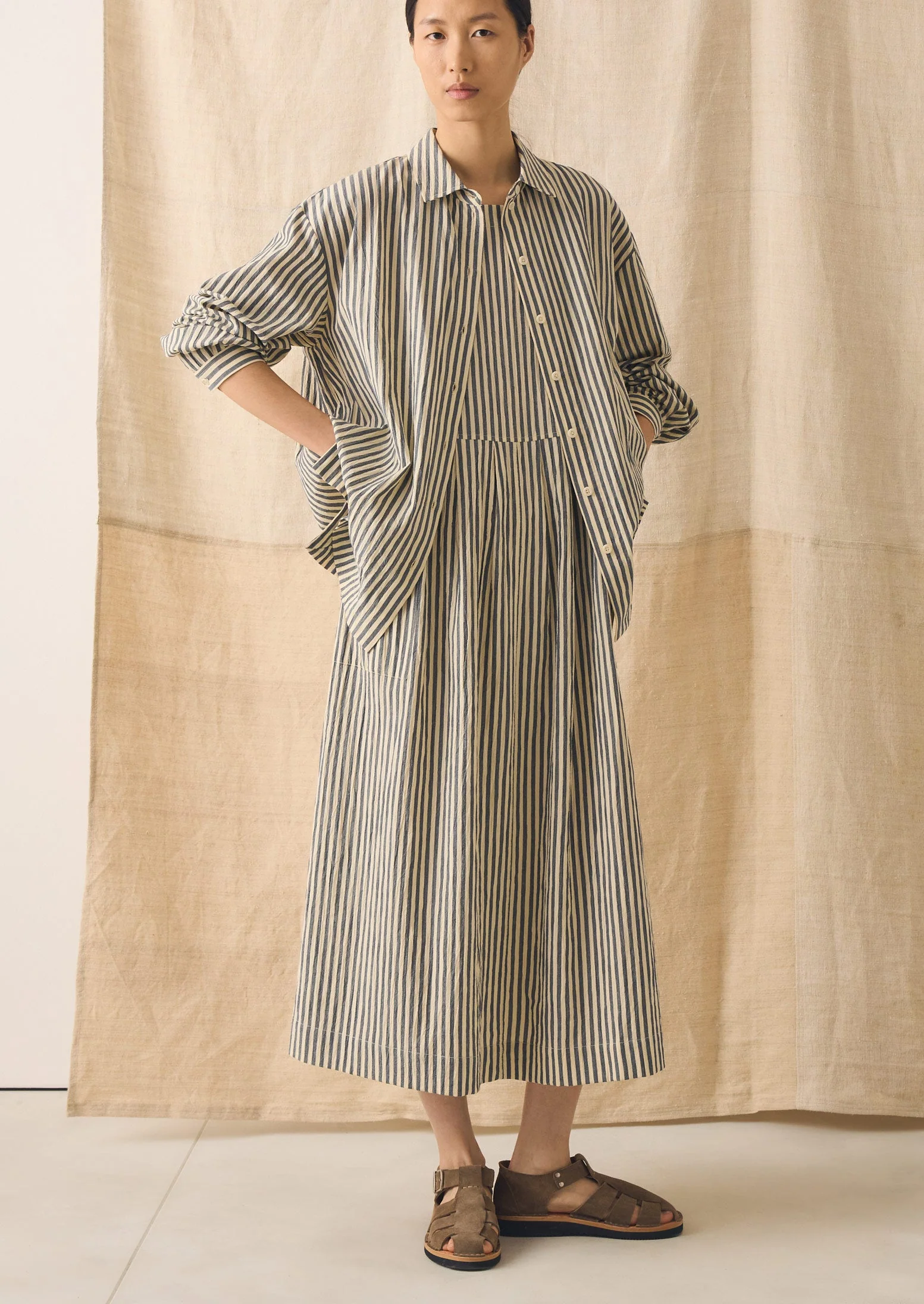 Tablier Stripe Cotton Pinafore Dress | Workshop Blue - Image 7