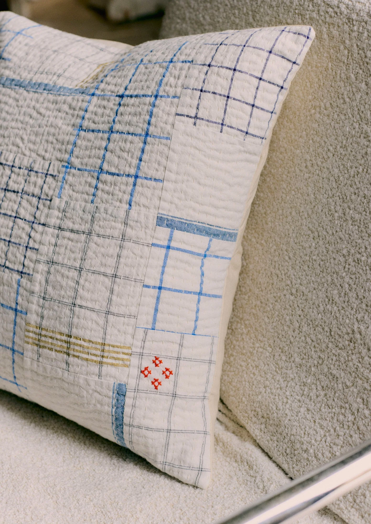 Tea Towel Check Patchwork Cushion Cover | Ecru/Multi - Image 3