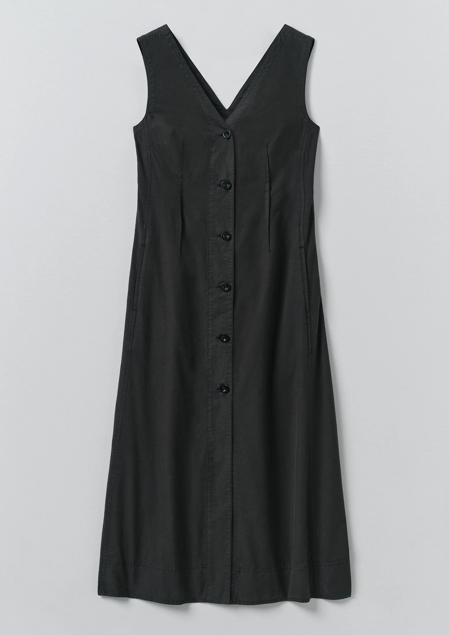 V Neck Cotton Linen Poplin Dress | Washed Black